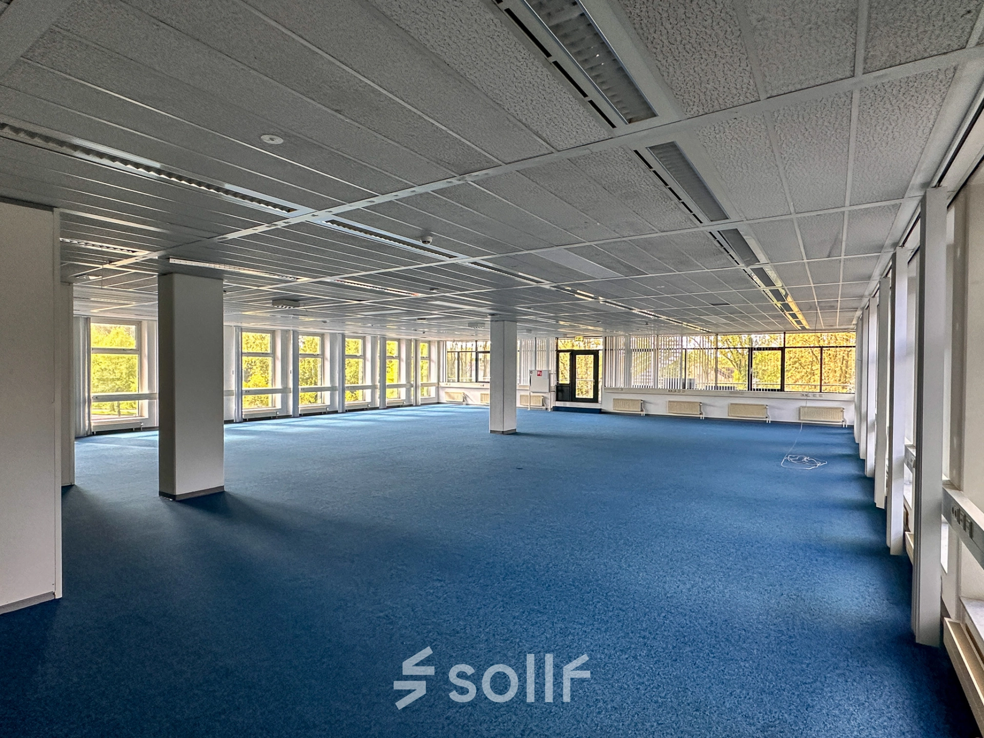 Spacious office space for rent at Daltonlaan 200, Utrecht Rijnsweerd, featuring abundant natural light and blue carpeting, suitable for customizable office space rental.
