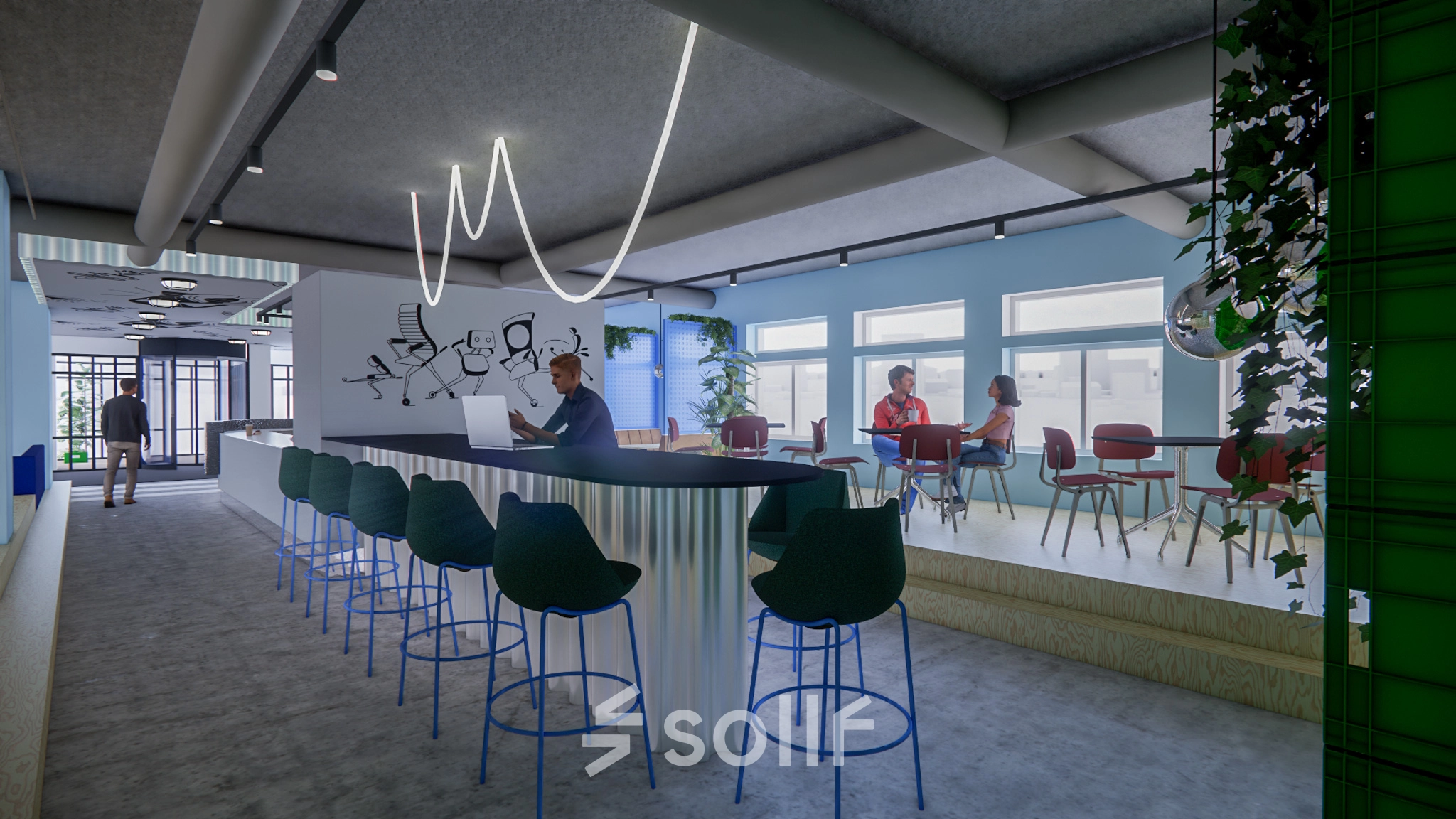Modern office space at Daltonlaan 200, Utrecht Rijnsweerd, featuring a vibrant seating area with individuals engaged in discussions and working on laptops, ideal for office space rental.