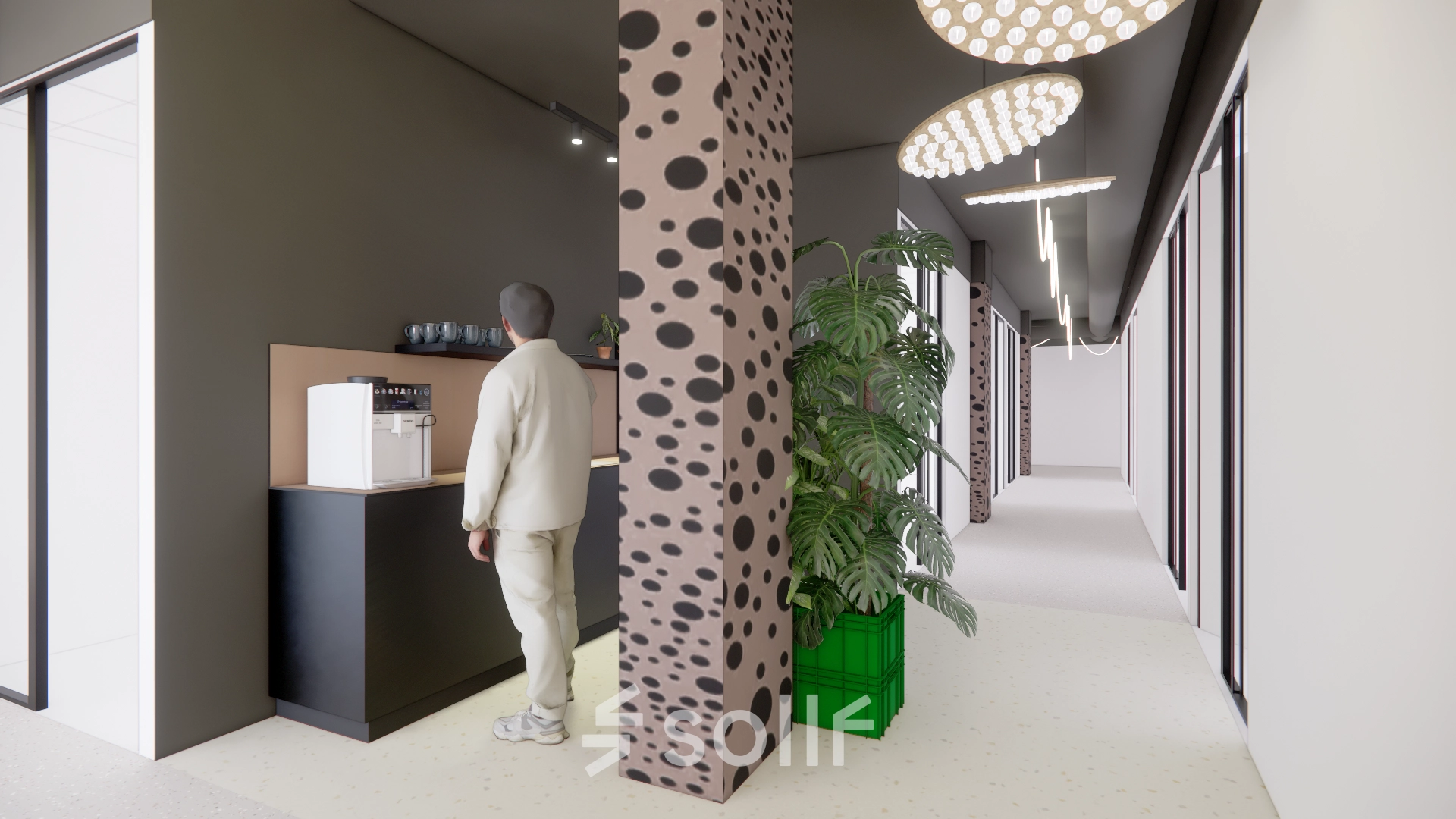 Office space at Daltonlaan 200 in Utrecht Rijnsweerd with a person making coffee. Modern interior with lighting and plant decor, ideal for rent office space needs.