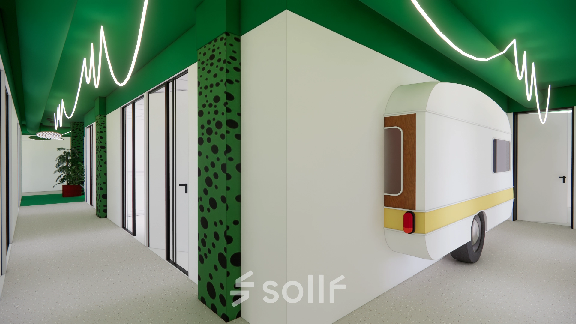 Interior office hallway at Daltonlaan 200, Utrecht Rijnsweerd, featuring unique wall decor and glass partitions, ideal for office space rental.