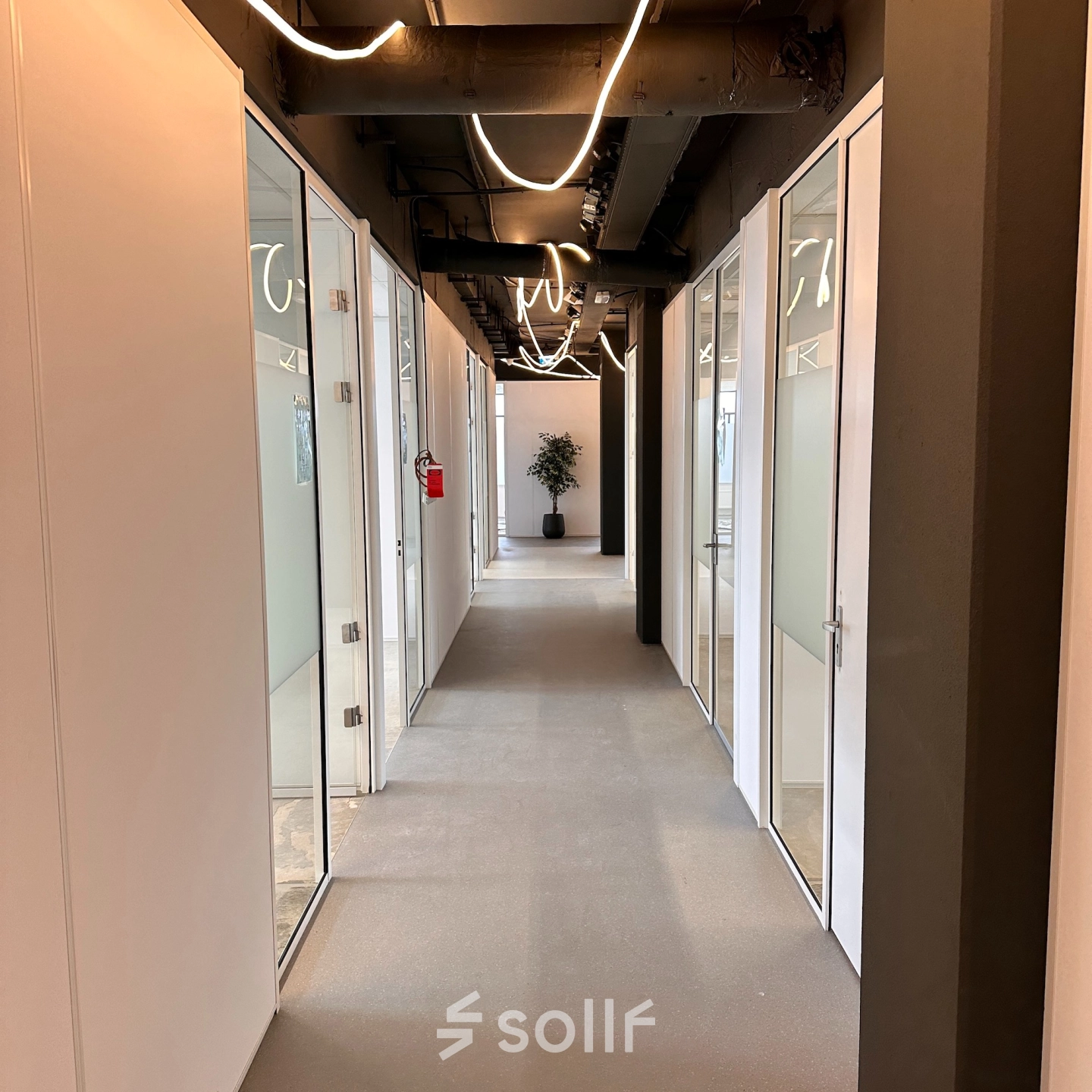 Hallway with office spaces available for rent at Daltonlaan 200, Utrecht Rijnsweerd. Bright lighting and modern design make it ideal for office space rental.