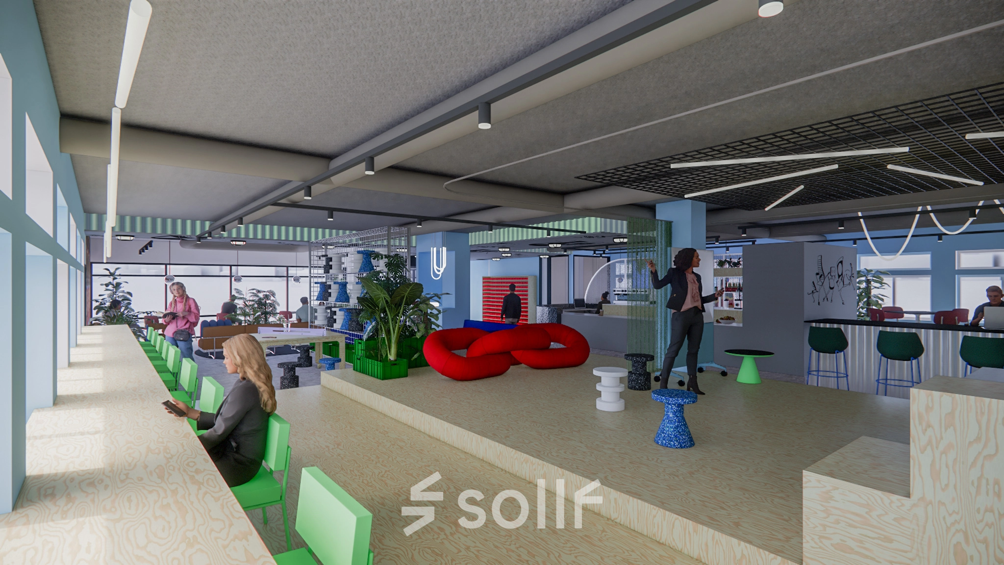 Spacious, brightly-lit office to rent at Daltonlaan 200, Utrecht Rijnsweerd. Vibrant interior with people collaborating around a unique seating area and workspaces overlooking large windows.