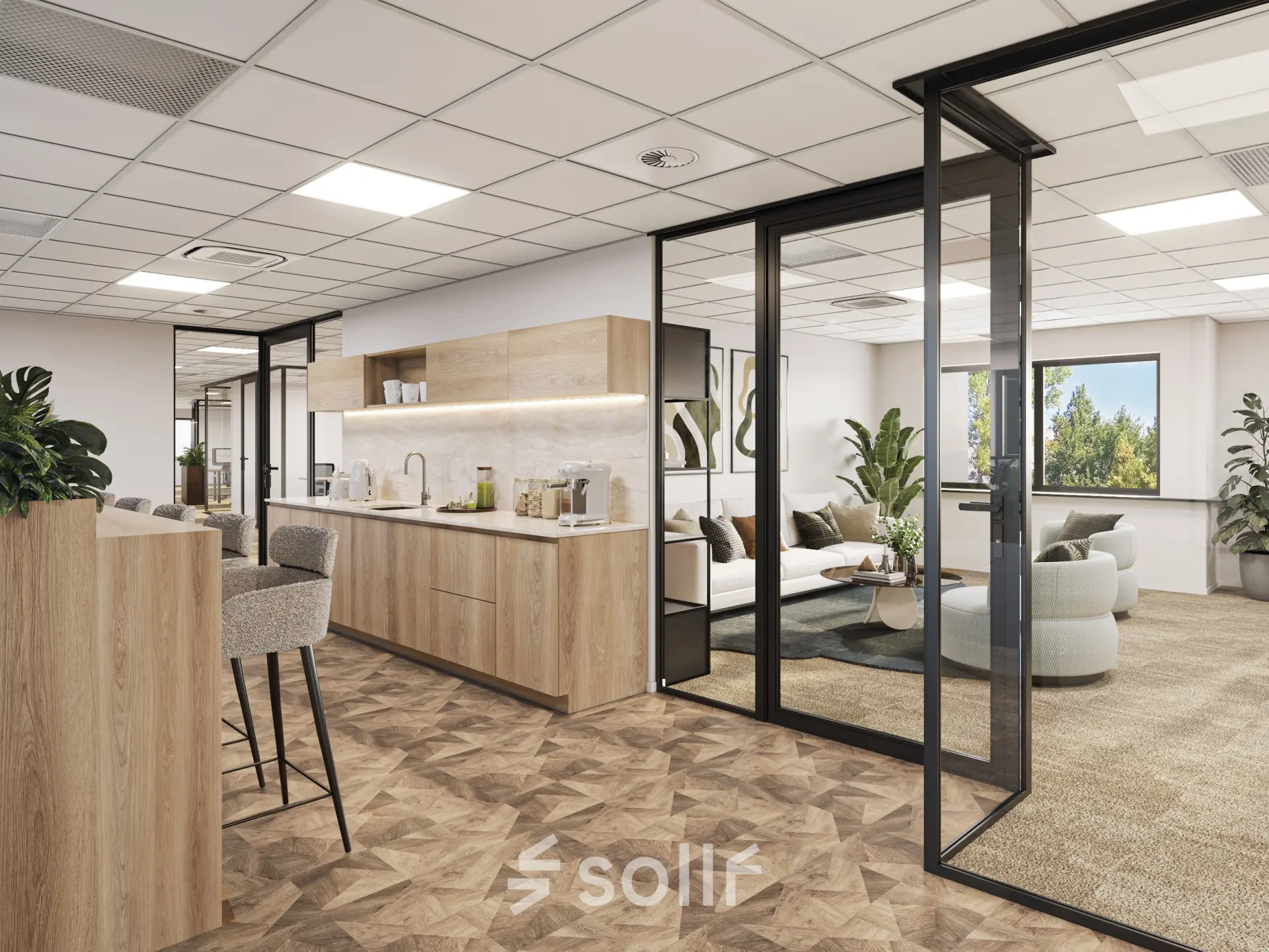 Modern, furnished office space with stylish interiors available for rent at Newtonlaan 115, Utrecht Rijnsweerd, featuring an open floorplan with a lounge area and kitchen facilities.