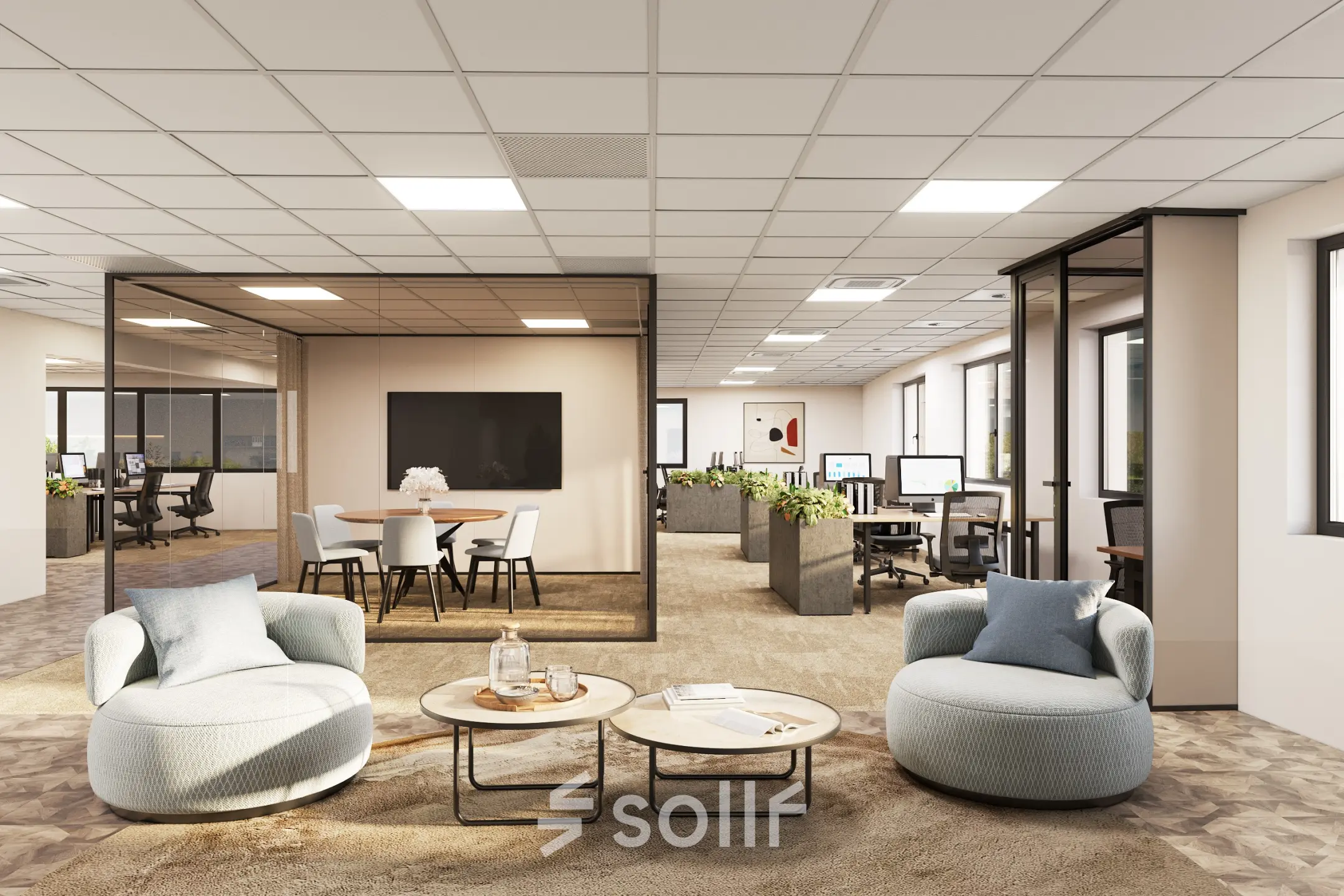 Modern office with spacious workspaces and a central meeting area at Newtonlaan 115, Utrecht Rijnsweerd, perfect for those seeking office space rental.