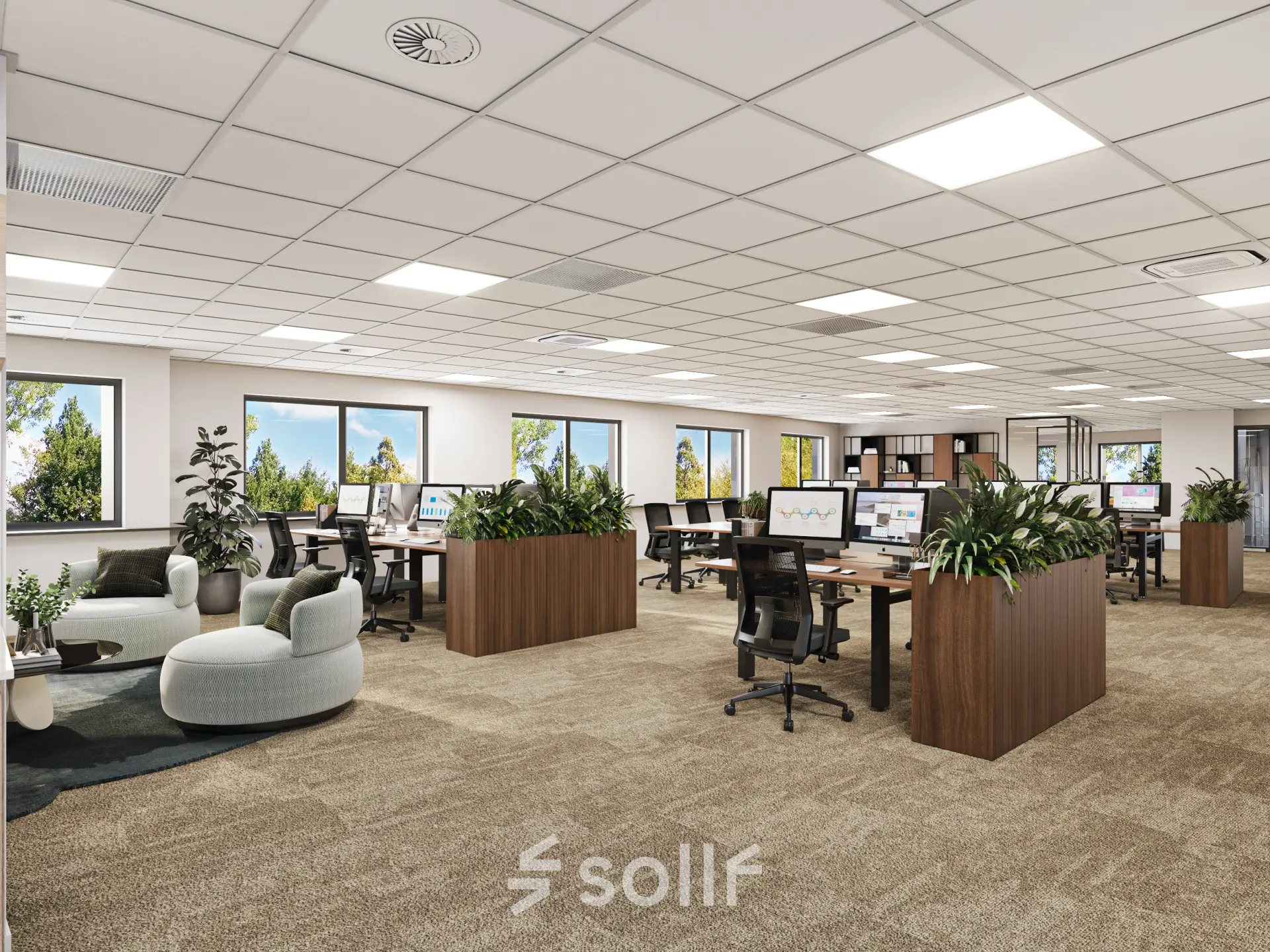 Modern office space for rent at Newtonlaan 115, Utrecht Rijnsweerd, featuring furnished workstations with greenery and ample natural light.