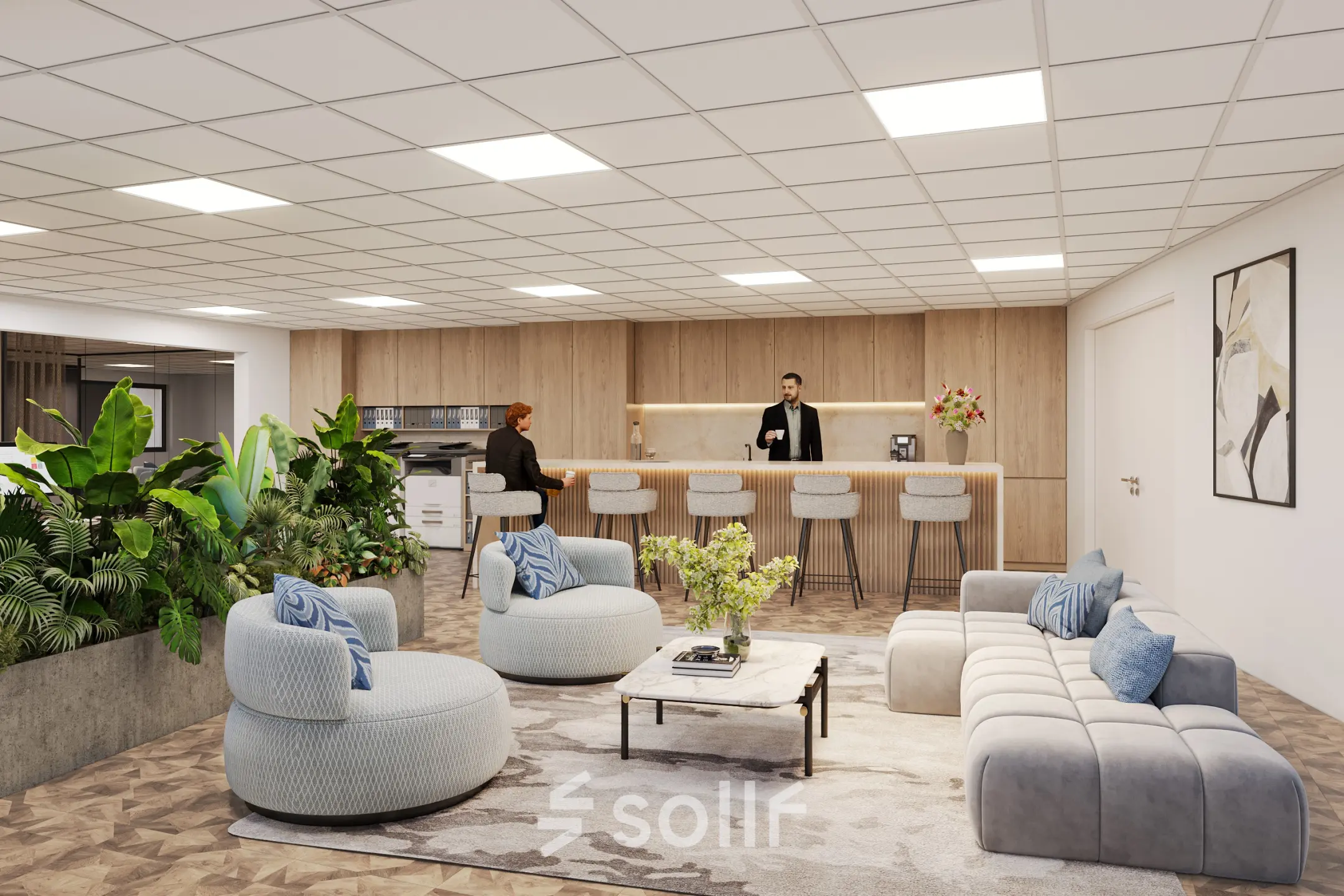 Modern office space with stylish furnishings, featuring a sitting area and people engaging in a meeting, located at Newtonlaan 115, an ideal office to rent in Utrecht Rijnsweerd.