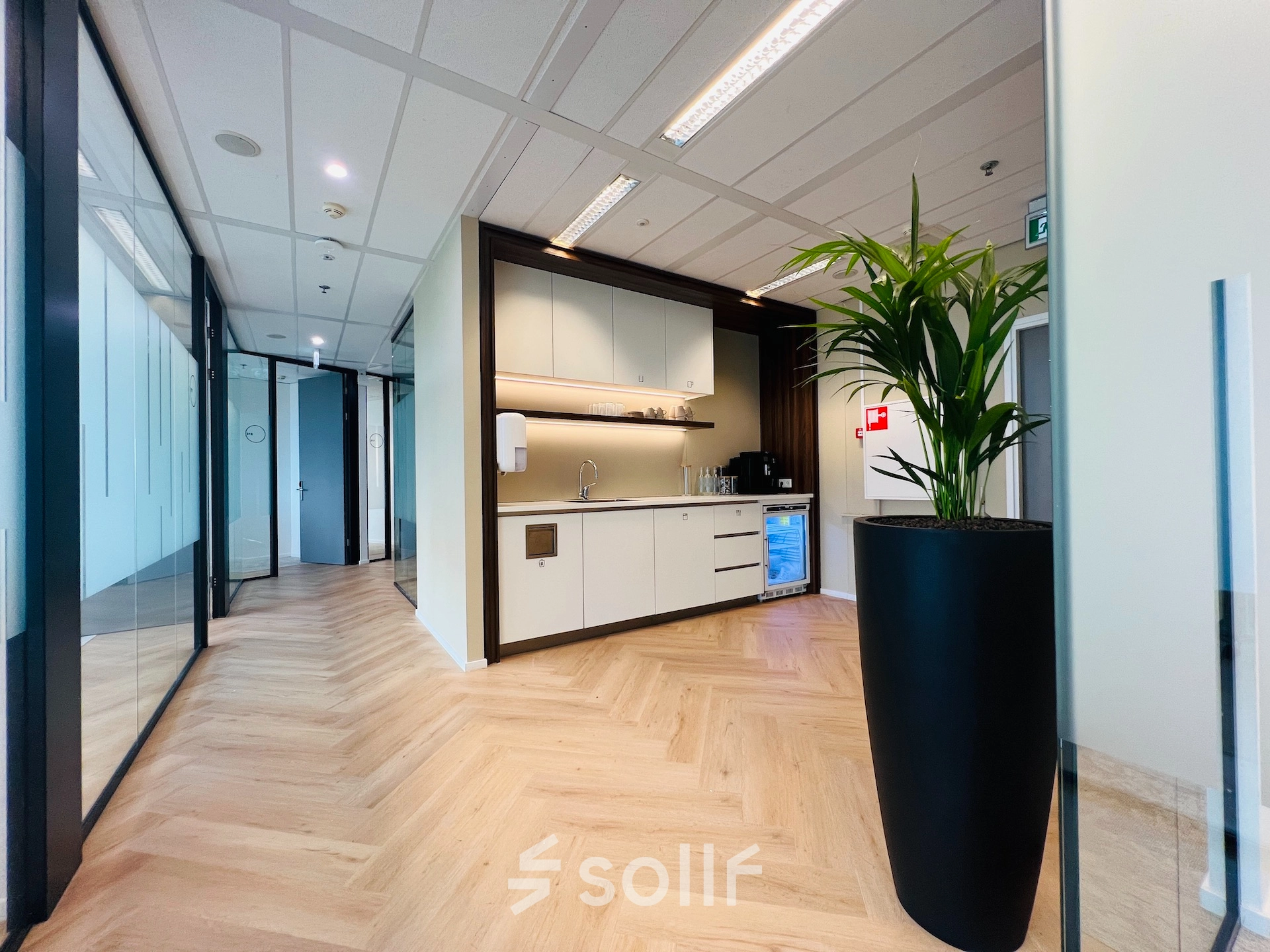 Interior view of modern office space with kitchenette and plant at Vliegend Hertlaan 15, Utrecht South, ideal for office space rental.