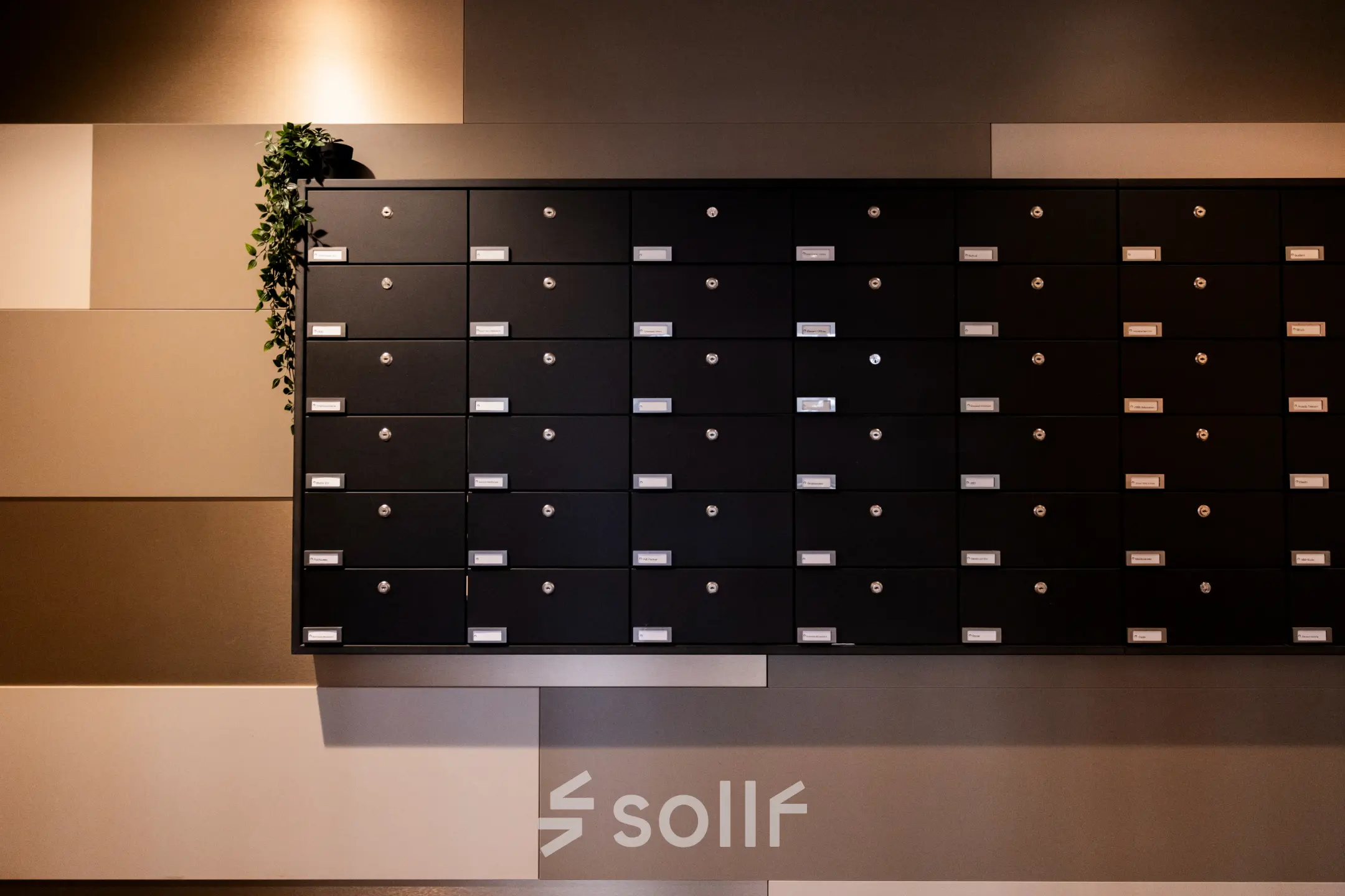 Wall-mounted black mailboxes at the office space in Winthontlaan 200, Utrecht South.