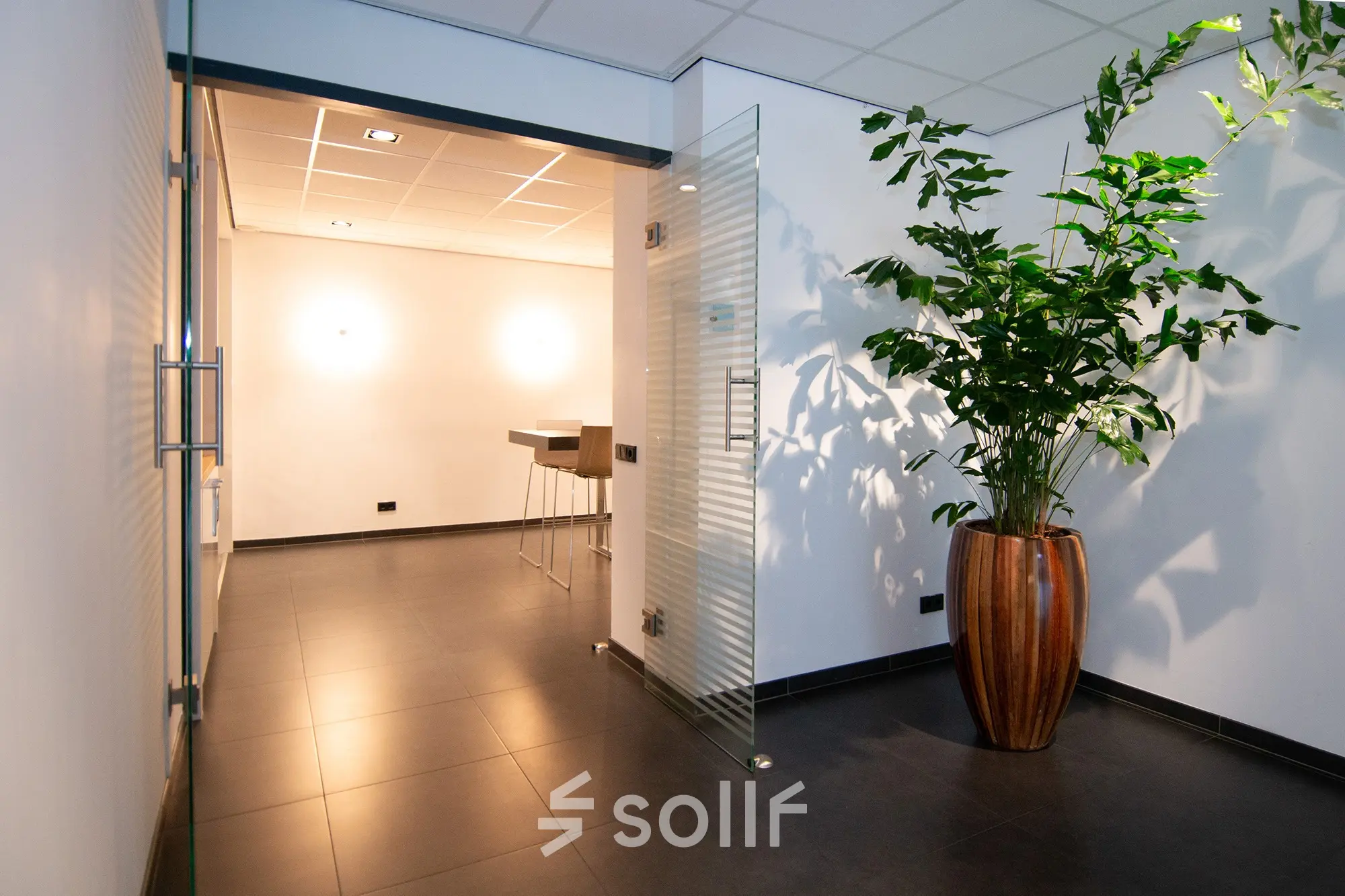 Modern office space at Gildestraat 13, Velp featuring a sleek entrance with glass door and large plant, available for office space rental.