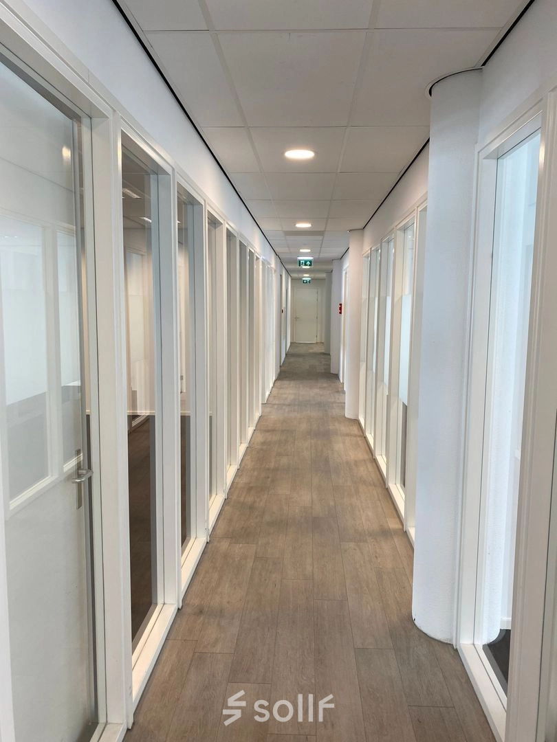 A long hallway with glass doors on both sides in an office building at Regulusweg 11, Voorburg. Natural light illuminates the hallway, suggesting potential office space rentals for private offices.