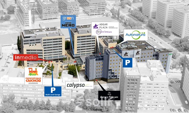 Exterior view of office buildings at Postępu 17A, Warsaw Mokotow, showcasing potential office space rental options.