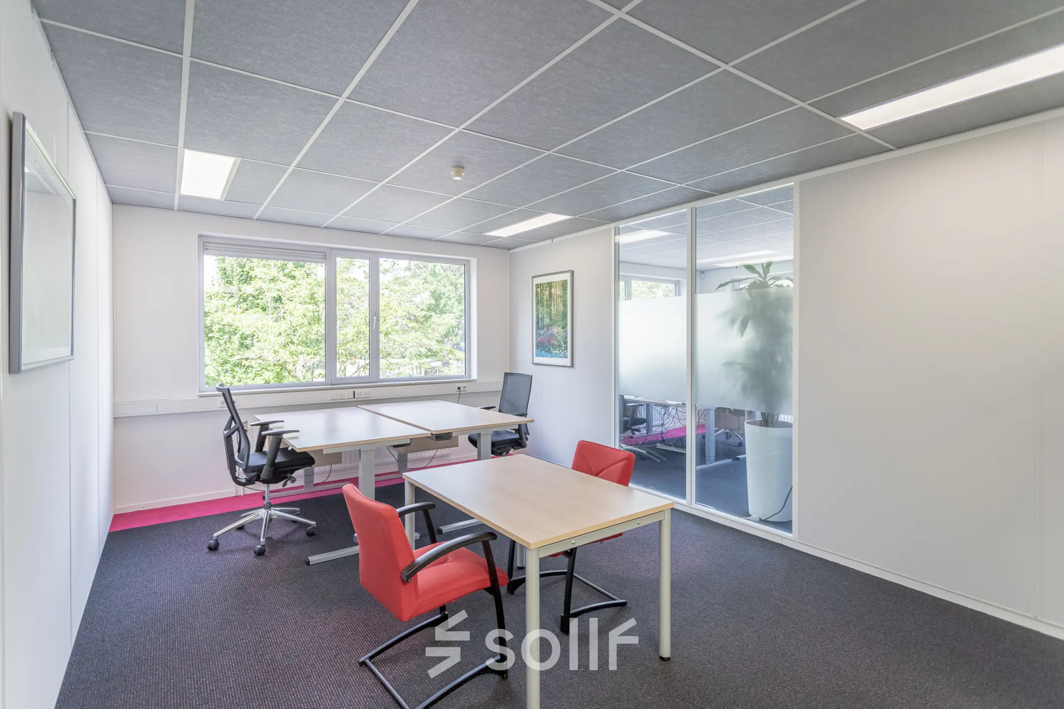 Bright office space at Molenweer 2 in Wateringen, featuring large windows and modern furnishings, now available for rent. Ideal for those seeking office space rental with ample natural light.