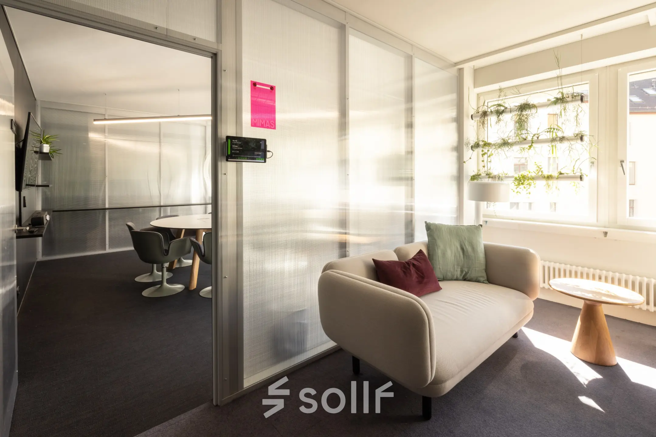 Bright and comfortable office space at Ernst Nobs Platz 1 in Zürich Center, showcasing a cozy furnished area ideal for office space rental.