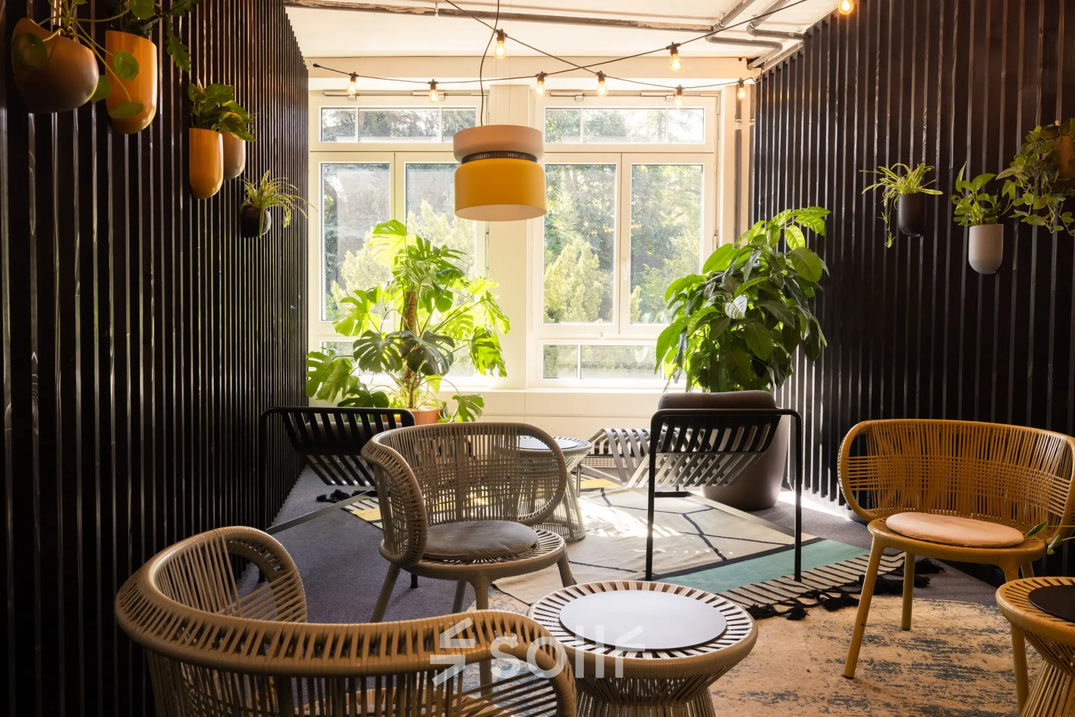 Bright lounge area at Talacker 41, Zürich Center, featuring rattan furniture and large windows with potted plants, ideal for a relaxed office space rental.