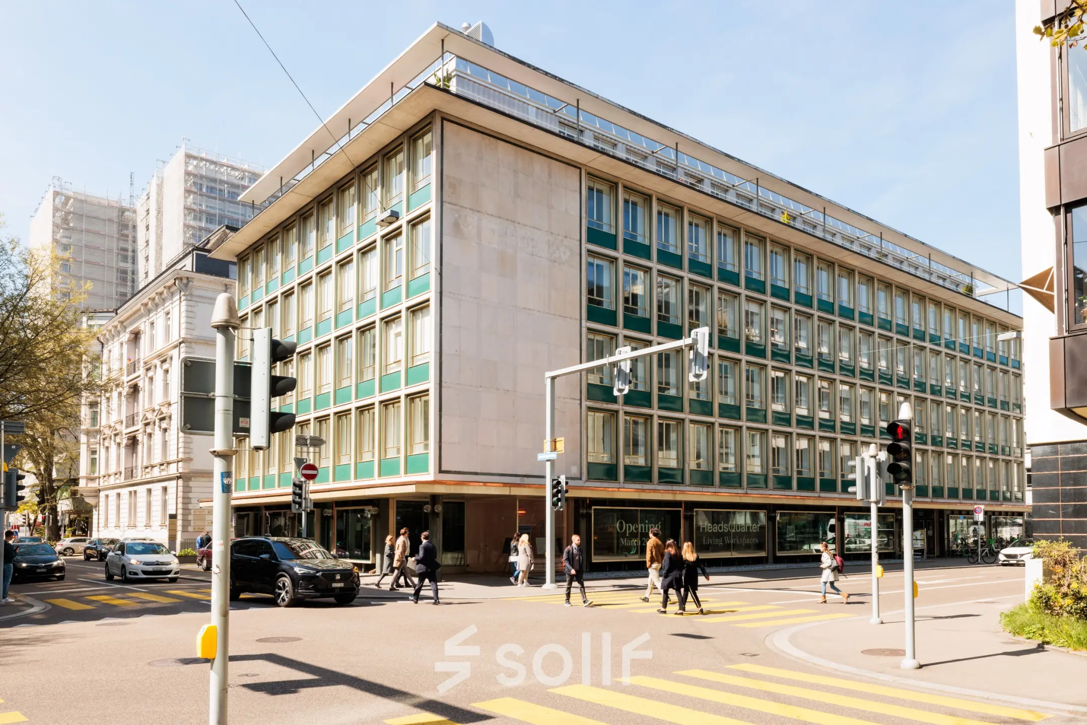 Exterior view of an office building at Stockerstrasse 33 in Zürich Enge, suitable for office space rental.