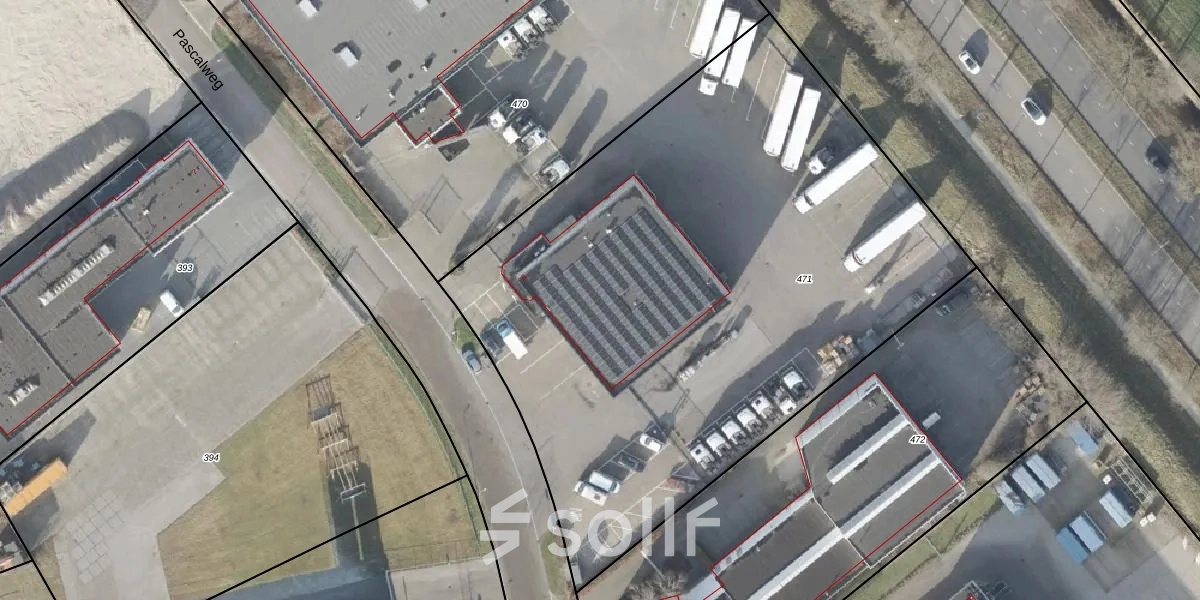 Aerial view of office space rental location at Pascalweg 6, Zwolle. Multiple buildings and parking areas visible, suitable as an office to rent.