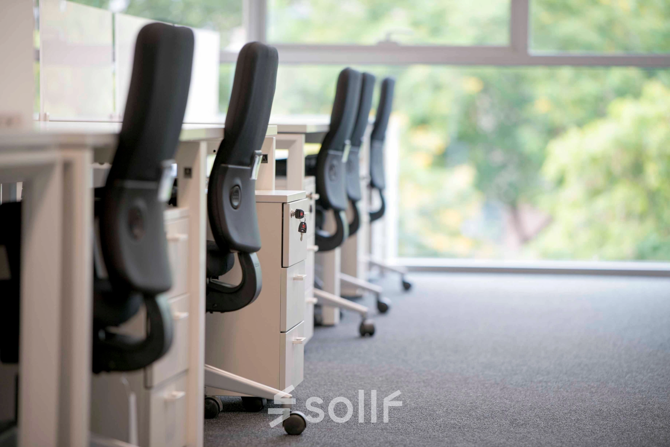 Espacio de trabajo amueblado con sillas ergonómicas y escritorios en un entorno moderno en Barcelona. Ideal para alquilar una oficina que ofrece comodidad y funcionalidad.