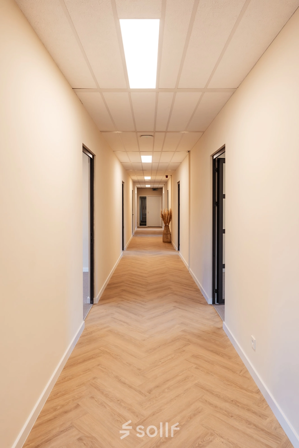 Heldere gang in het kantoorpand op Jool Hulstraat 2-14 in Almere Stad, met houten vloer en meerdere deuren naar kantoorruimtes.