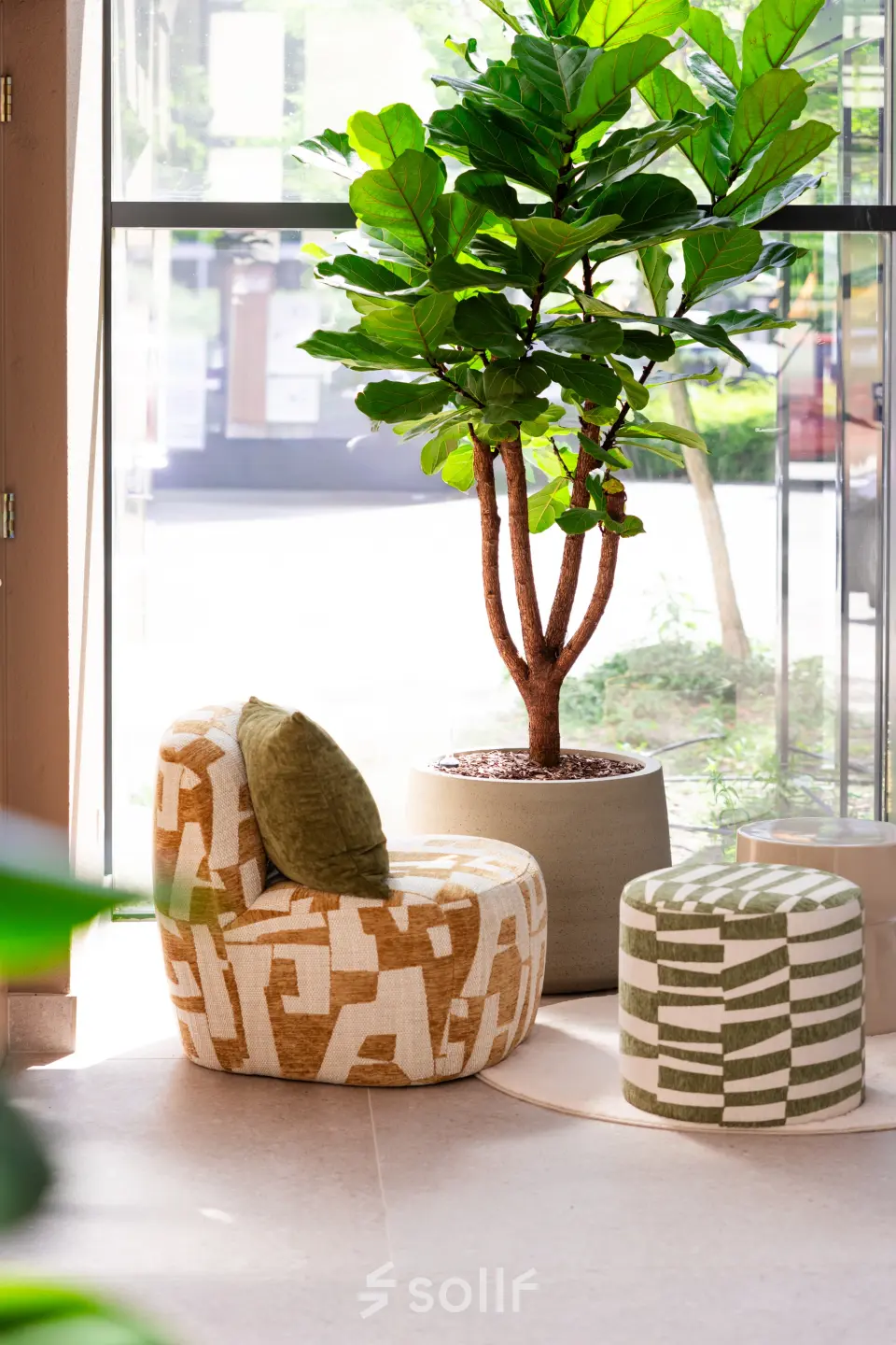 Moderne loungeruimte met comfortabele stoelen en planten, ideaal voor een ontspannen pauze in het kantoorpand aan Maanlander 43 in Amersfoort. Perfect voor wie kantoorruimte wil huren.