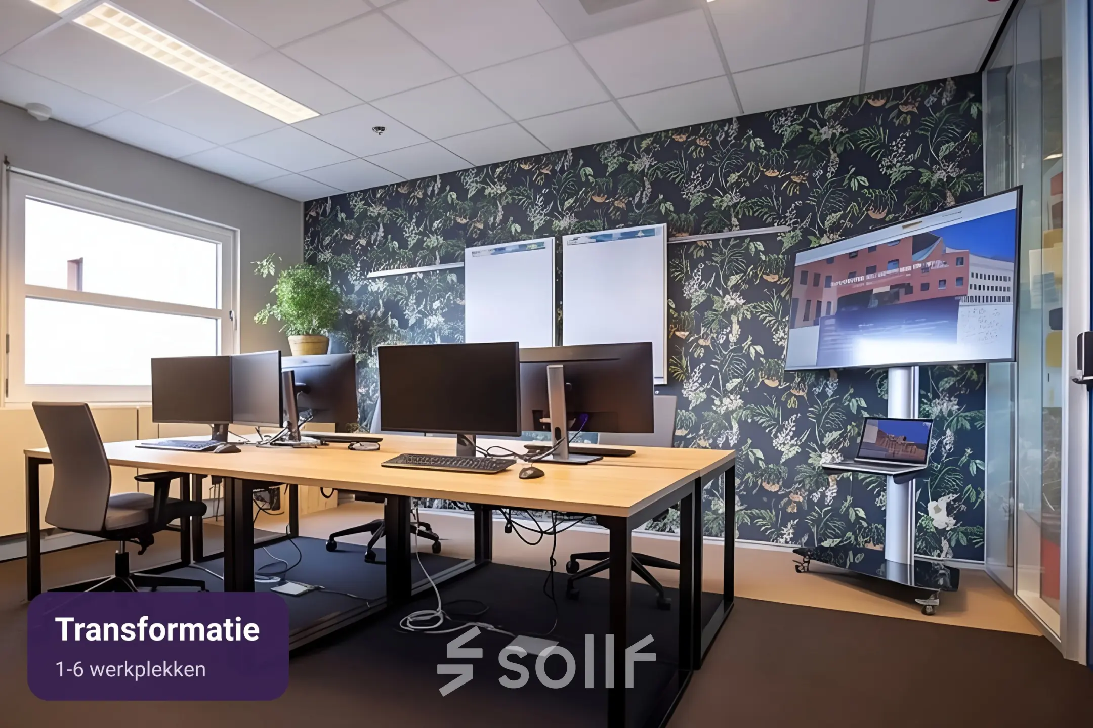 Moderne kantoorruimte te huur op Stationsplein 49 in Amersfoort Centraal Station. Stijlvol ingericht met werkplekken, monitoren en aantrekkelijk behang. Geschikt voor zakelijke activiteiten met 1-6 werkplekken.