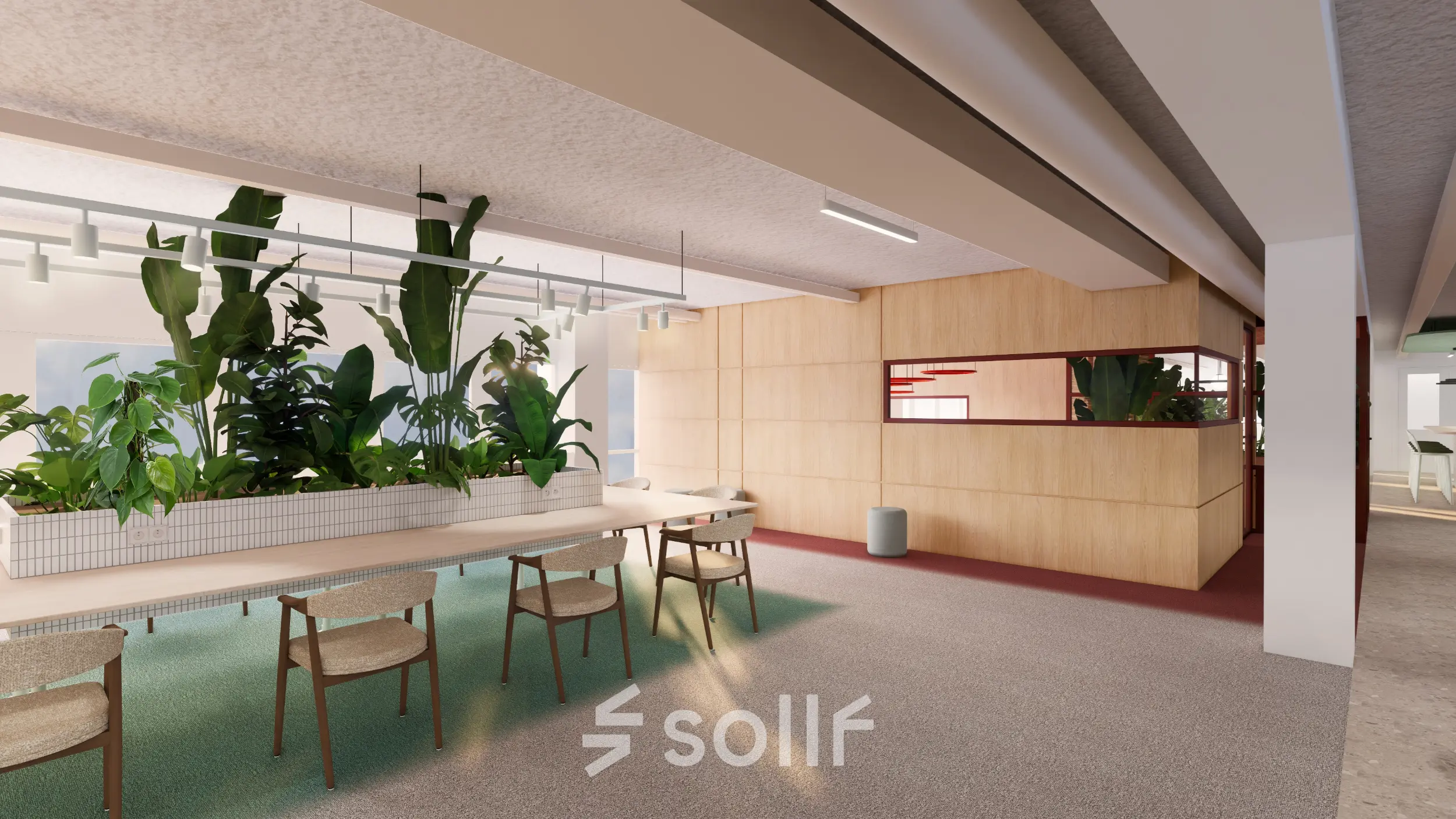 Moderne kantoorruimte huren in Amstelveen met houten panelen en planten. Lange tafel met stoelen in kantoorpand aan Stroombaan 4 voor flexibel werk.