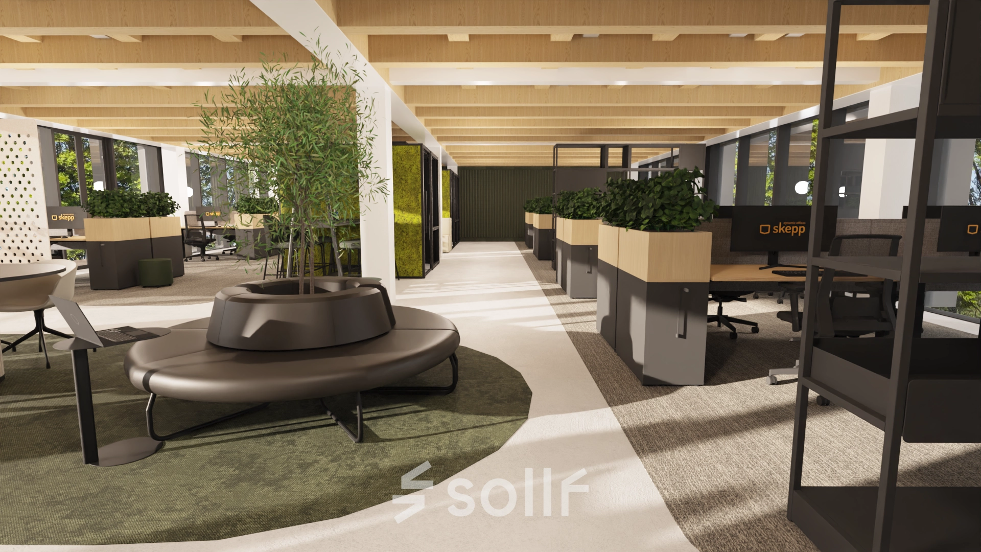 Lichte kantoorruimte op Pieter Cornelisz. Hooftstraat 7, Amsterdam Centrum met moderne werkplekken, veel natuurlijk licht en groene accenten. Ideaal voor wie een kantoorpand wil huren in een inspirerende omgeving.