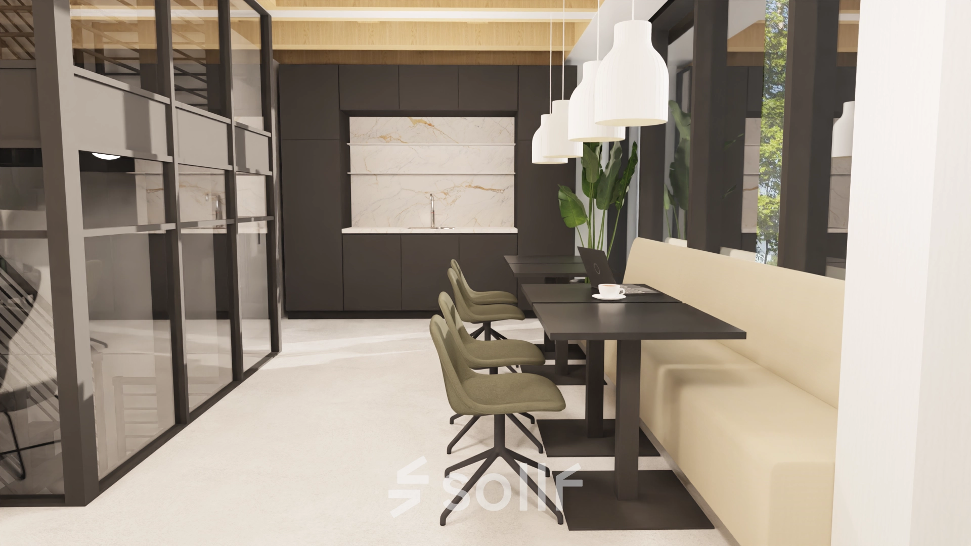 Moderne kantoorruimte met stijlvolle tafels, groene stoelen en een beige bank langs donkere wanden. Grote ramen bieden veel daglicht. Ideaal voor kantoorruimte huren in Amsterdam Centrum.