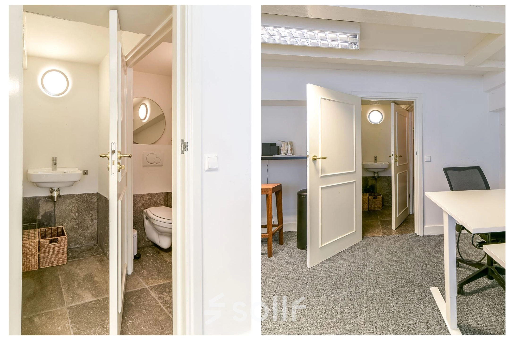 Kantoorruimte huren op Herengracht 338, Amsterdam Grachtengordel, met een functionele inrichting. De ruimte bevat een bureau en stoel, en is voorzien van een aangrenzende sanitaire faciliteit.