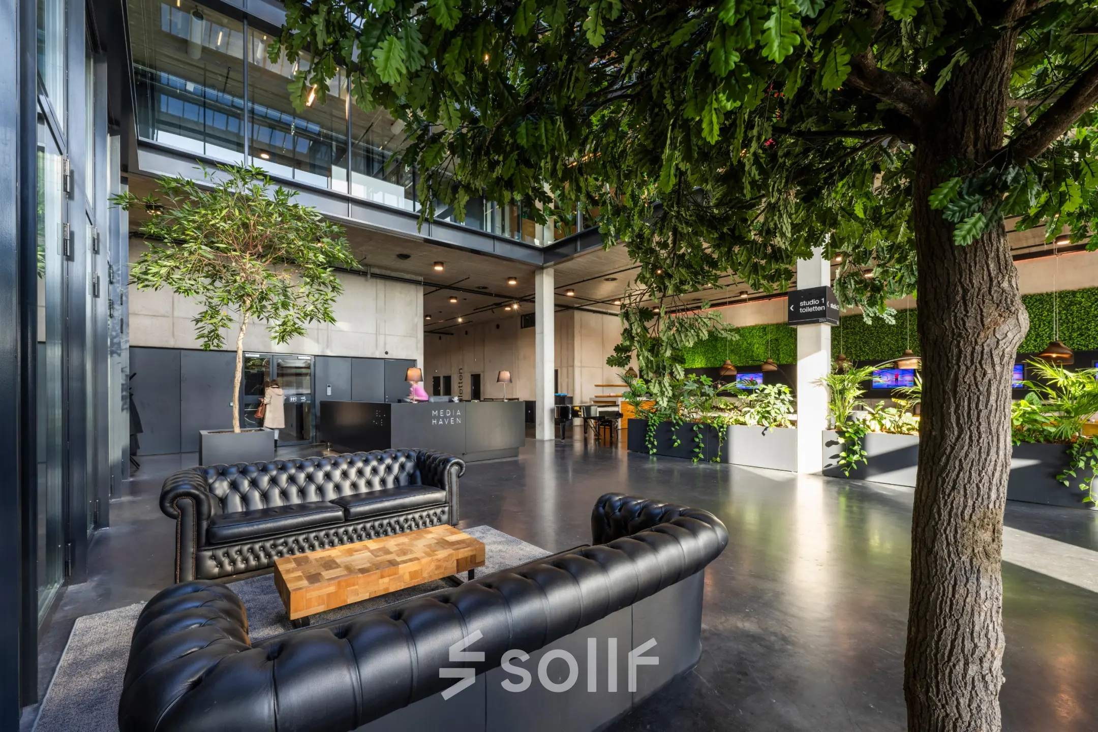 Stijlvolle kantoorruimte huren op Moermanskkade 109-113, Amsterdam Houthavens, met luxe zwarte leren banken en groene planten, ideaal voor ontspannen vergaderingen.
