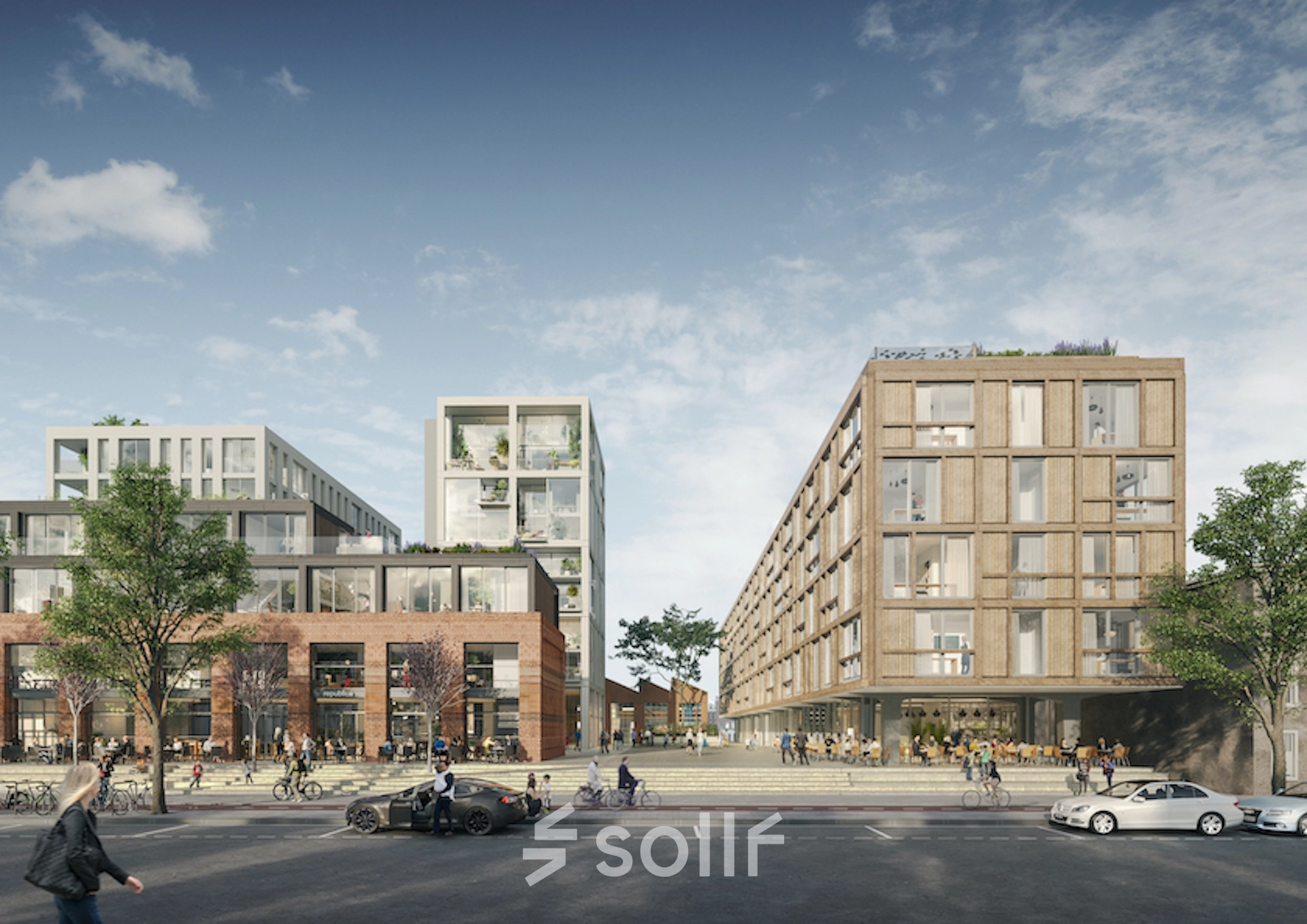 Een modern kantoorpand gelegen aan de Papaverhof 58 in Amsterdam Noord met mensen die fietsen en wandelen in de omgeving.