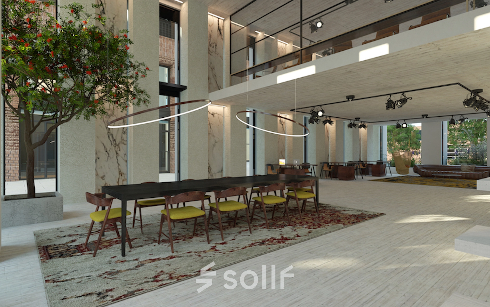 Moderne kantoorruimte huren in Amsterdam Noord met stijlvolle inrichting en veel daglicht. Grote tafels en groene planten zorgen voor een inspirerende werkplek. Ideaal voor verschillende zakelijke activiteiten.