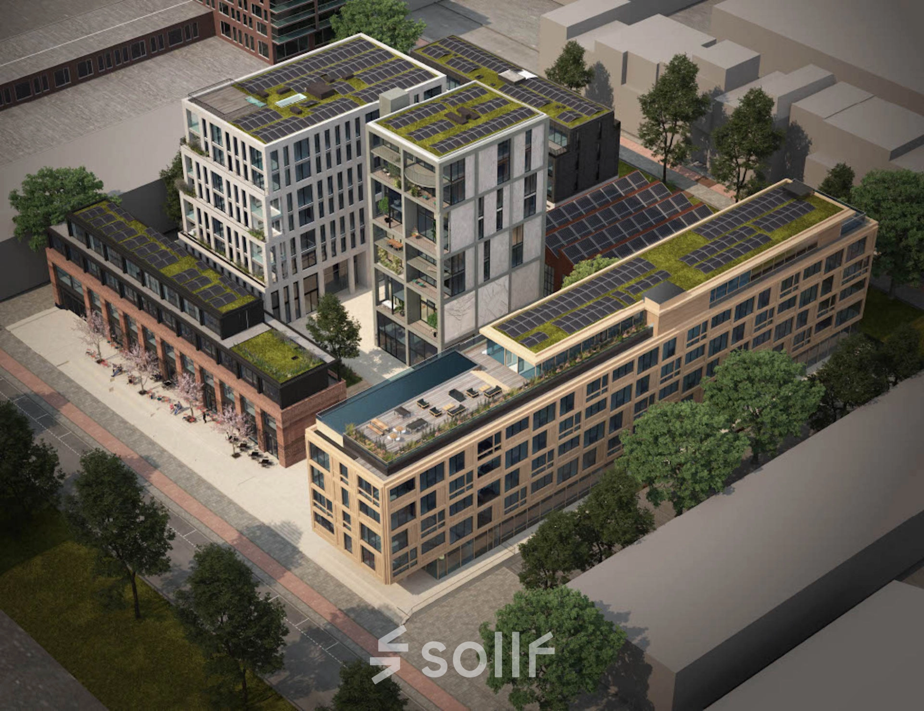 Luchtfoto van kantoorpand op Papaverhof 58 in Amsterdam Noord met grote ramen en groene daken. Dit kantoor biedt moderne ruimtes voor huur.