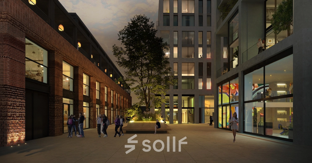 Kantoorpand op Papaverhof 58 in Amsterdam Noord met moderne architectuur. Mensen voeren zakelijke activiteiten uit in een levendige buitenomgeving bij een kantoorruimte te huur.