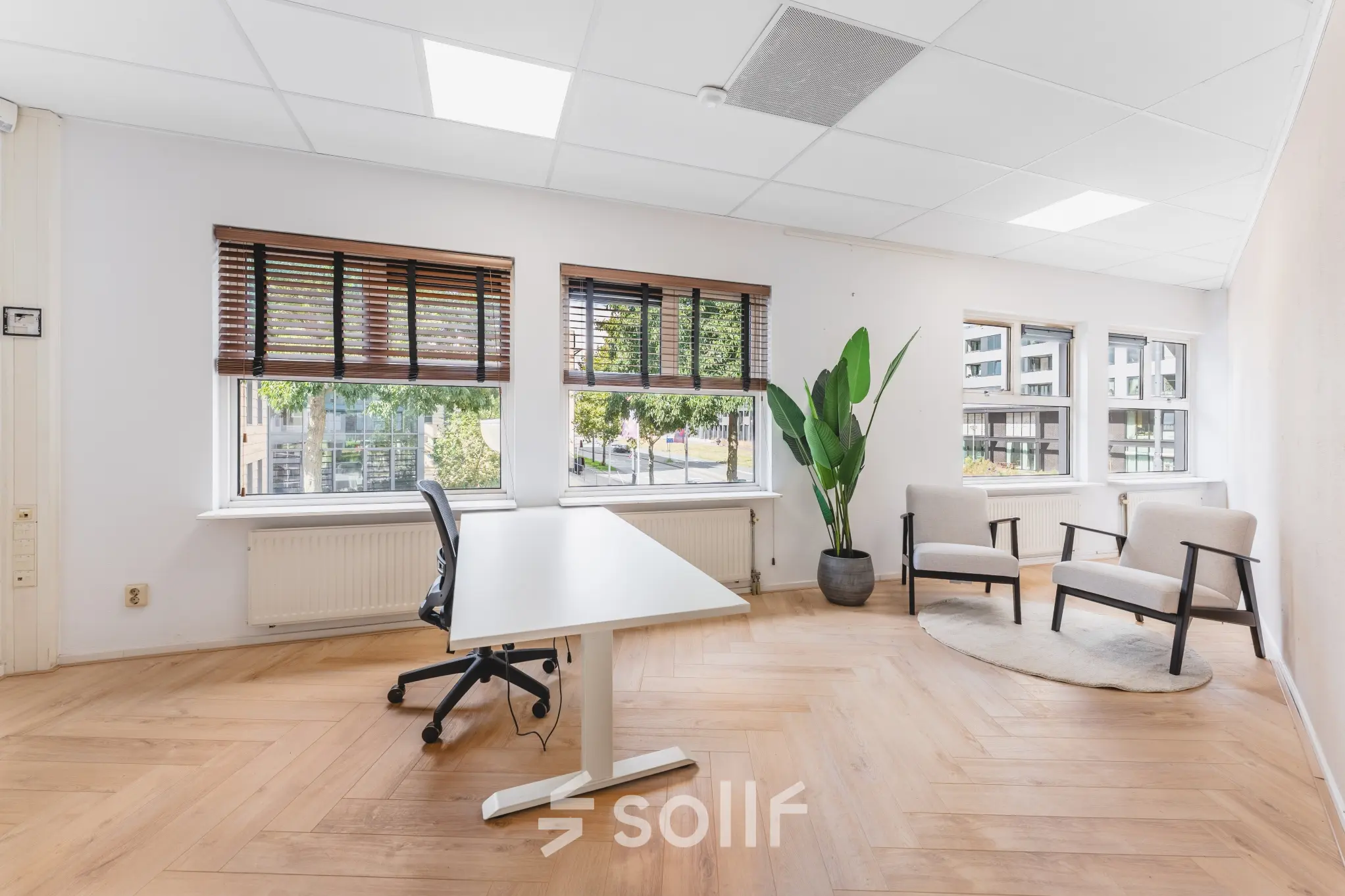 Verlichte kantoorruimte te huur aan de Arlandaweg 92, Amsterdam Sloterdijk met houten vloer, groot bureau en vensterplanten. Ideaal voor werk of vergaderingen met uitzicht op de stad.