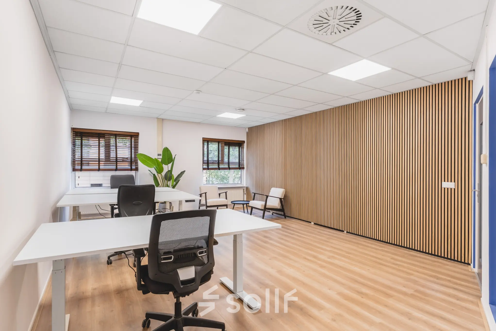 Lichte kantoorruimte huren op Arlandaweg 92, Amsterdam Sloterdijk. Het kantoorpand heeft een moderne houten wand en houten vloer, met verstelbare bureaus en stoelen, ideaal voor creatieve werkplekken.