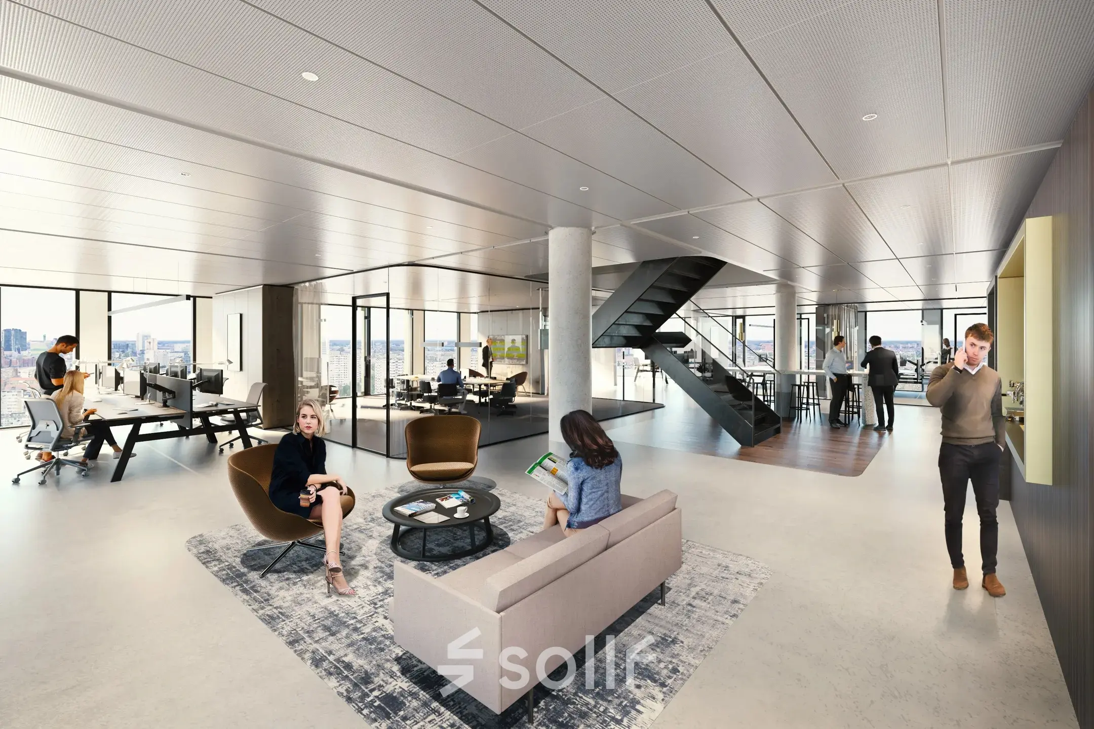 Moderne kantoorruimte in Amsterdam West met open werkplekken en loungegebied, waar mensen aan het werk zijn en gesprekken voeren. Veel glas en strakke lijnen definiëren het interieur van deze te huren ruimte.