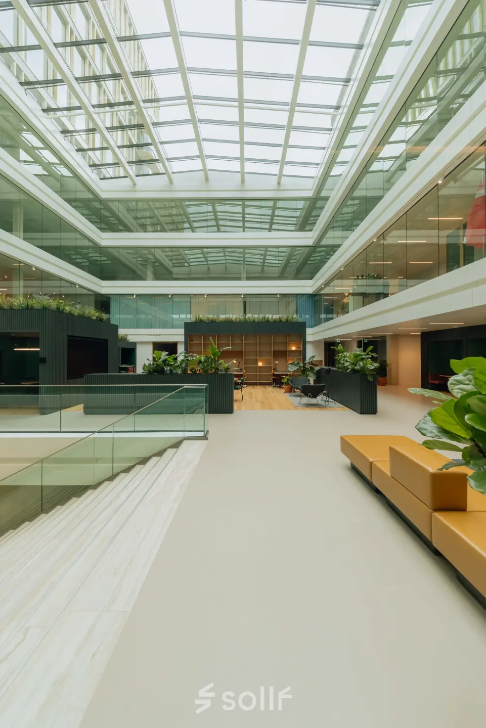Open en lichte kantoorruimte op Kon. Wilhelminaplein 4, Amsterdam West, met moderne glazen architectuur en planten.