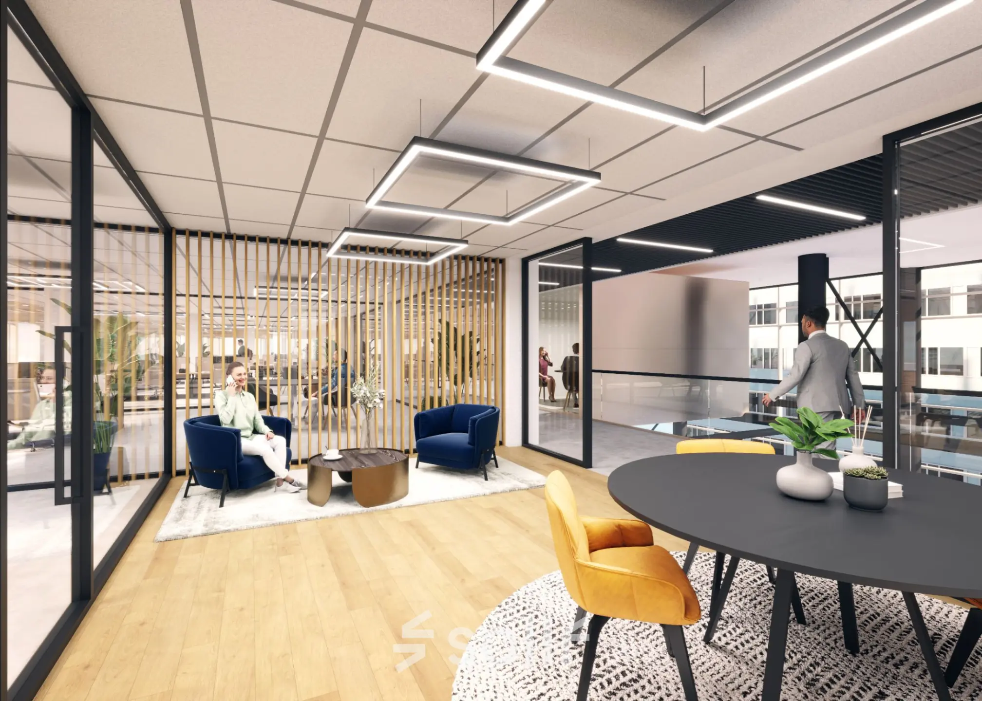 Moderne kantoorruimte op Herikerbergweg 290, Amsterdam Zuid-Oost, met glazen afscheidingen, stijlvolle meubels en mensen bezig met zakelijke activiteiten, ideaal om te huren.