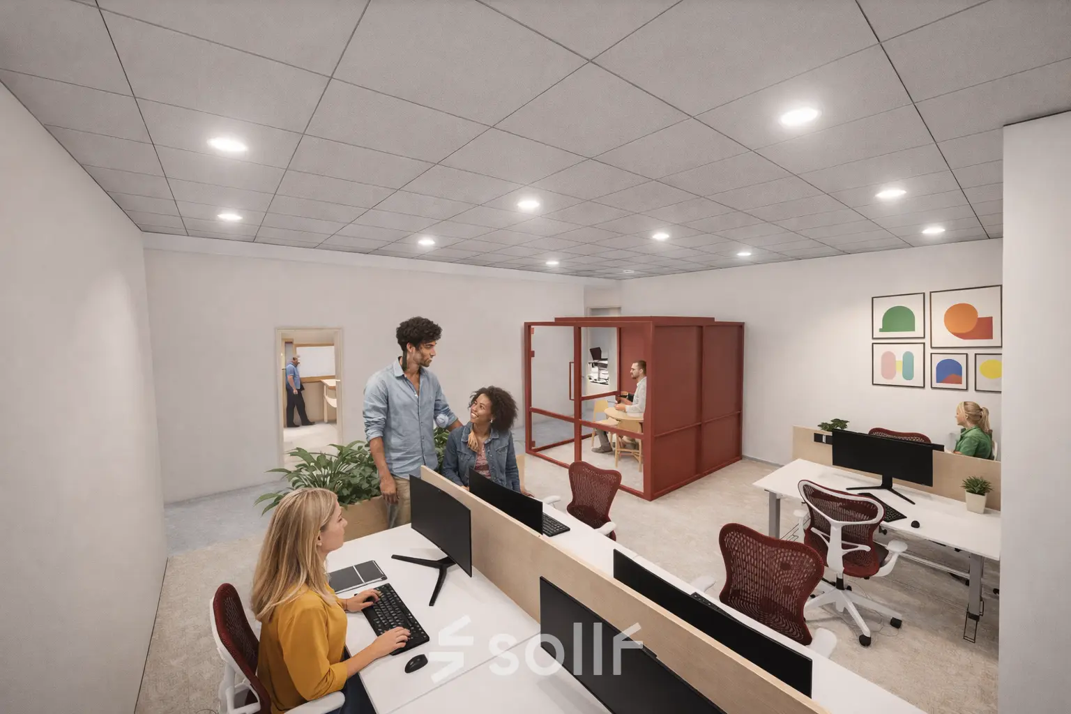 Moderne kantoorruimte huren op Luttenbergweg 8 in Amsterdam Zuid-Oost met open praktische werkplekken en mensen die zakelijk bezig zijn.