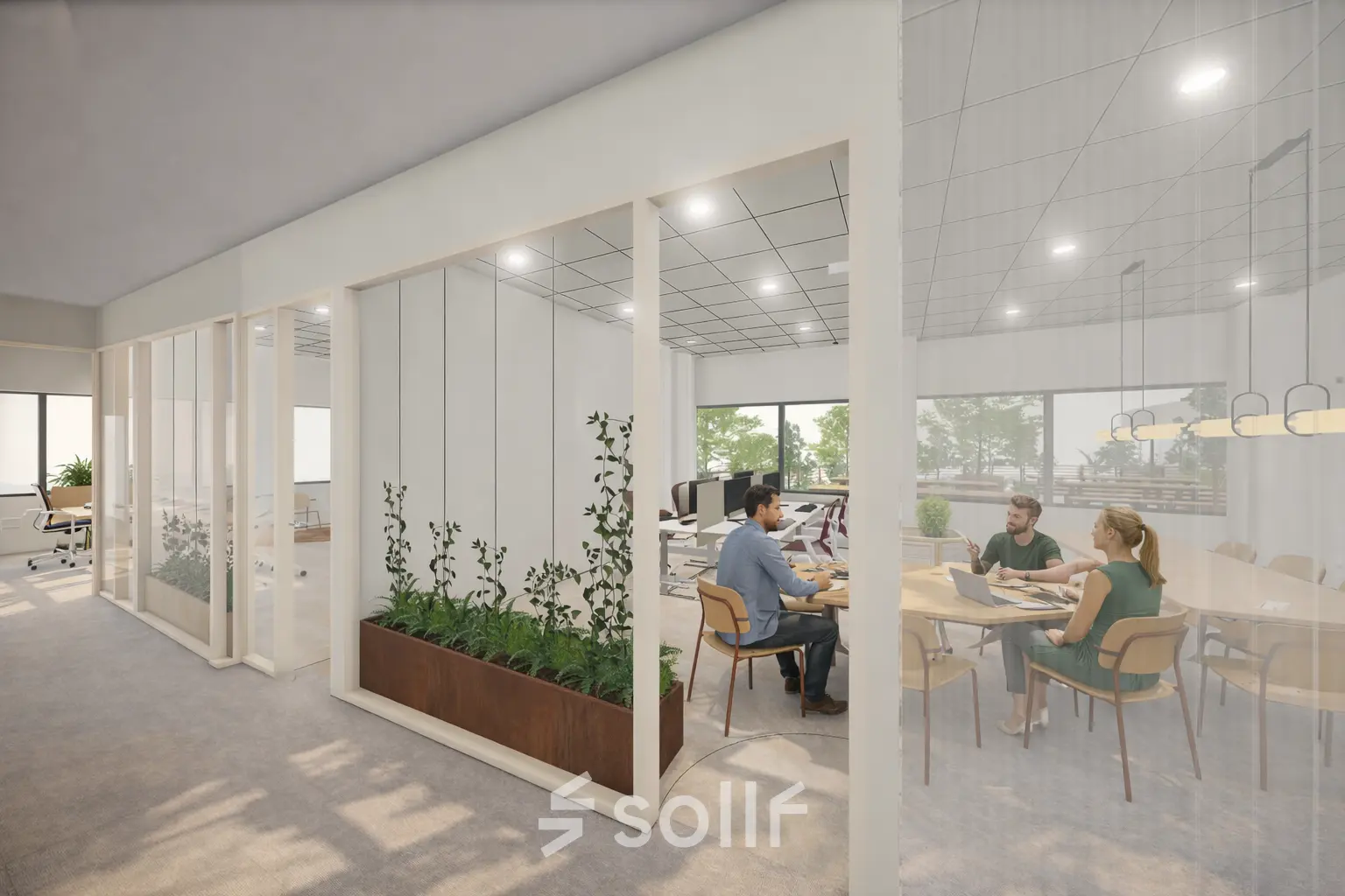 Moderne kantoorruimte in Amsterdam Zuid-Oost met open werkplekken en een glazen vergaderruimte. Meubilair en planten dragen bij aan de professionele uitstraling. Mensen zijn in overleg bezig met zakelijke activiteiten.