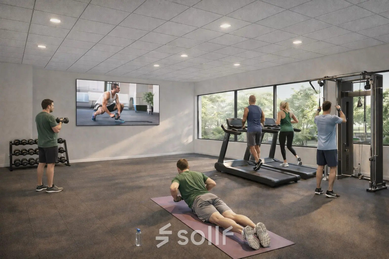 Zakelijke fitnessruimte in Amsterdam Zuid-Oost met sporttoestellen en grote ramen. Personen maken gebruik van loopbanden en gewichtheffen. Ideaal voor ontspanning tijdens kantoorruimte huren.