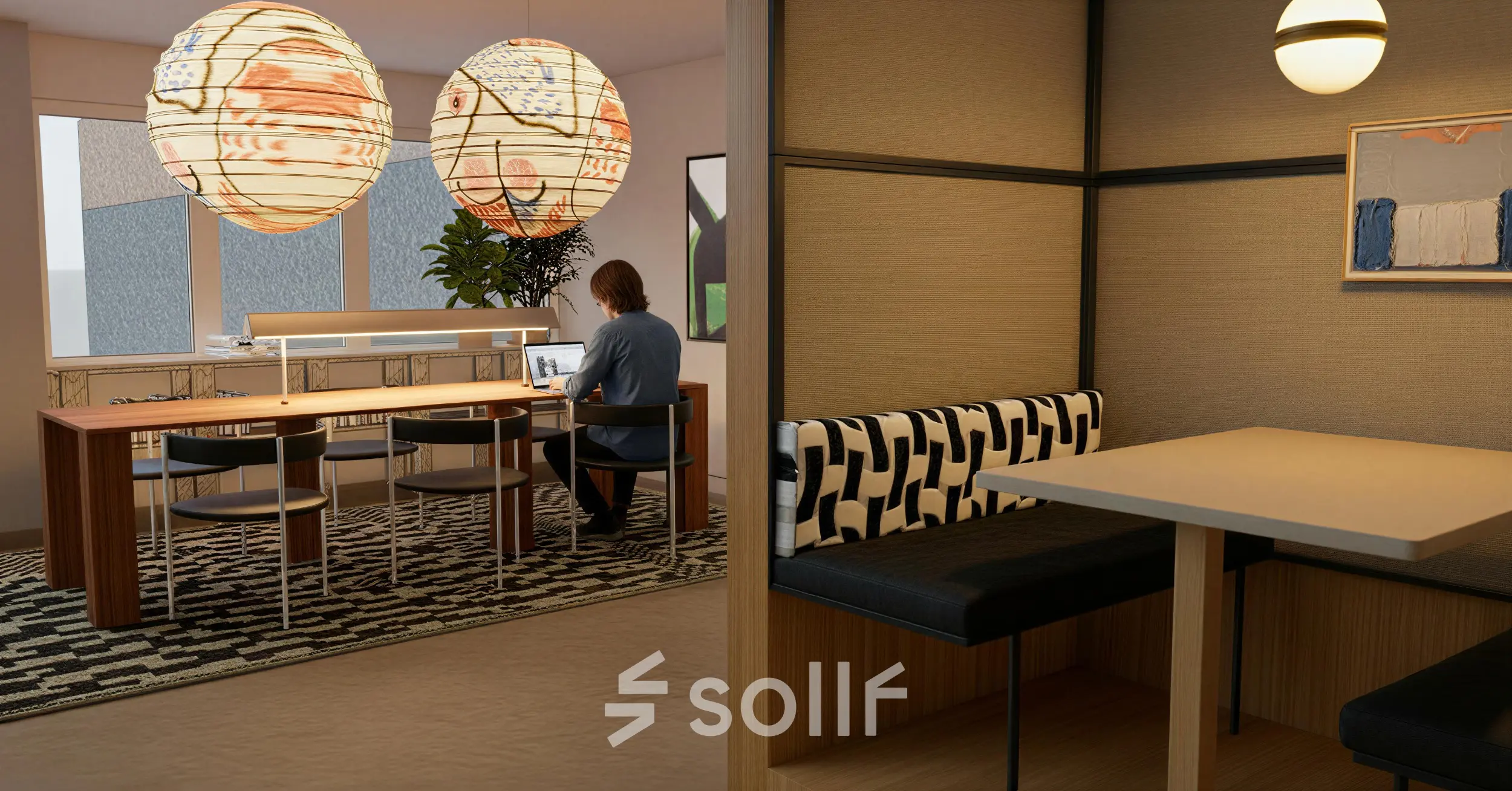 Moderne kantoorruimte huren aan de Barbara Strozzilaan 101 101 in Amsterdam Zuidas met stijlvolle vergadertafel en werkplek. Gezellige zithoek met decoratieve verlichting en planten, geschikt voor zakelijke bijeenkomsten.