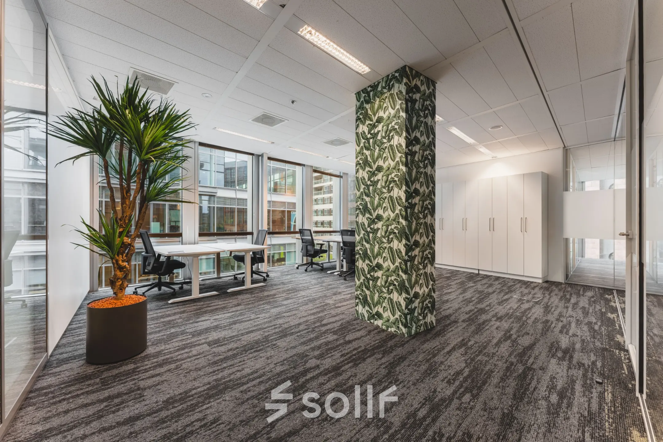 Moderne kantoorruimte te huur op Claude Debussylaan 10, Amsterdam Zuidas. Ruimte met glazen wanden, planten en bureaus, ideaal voor zakelijk gebruik. Geschikt voor kantoorgebruik met brede werkplekken.