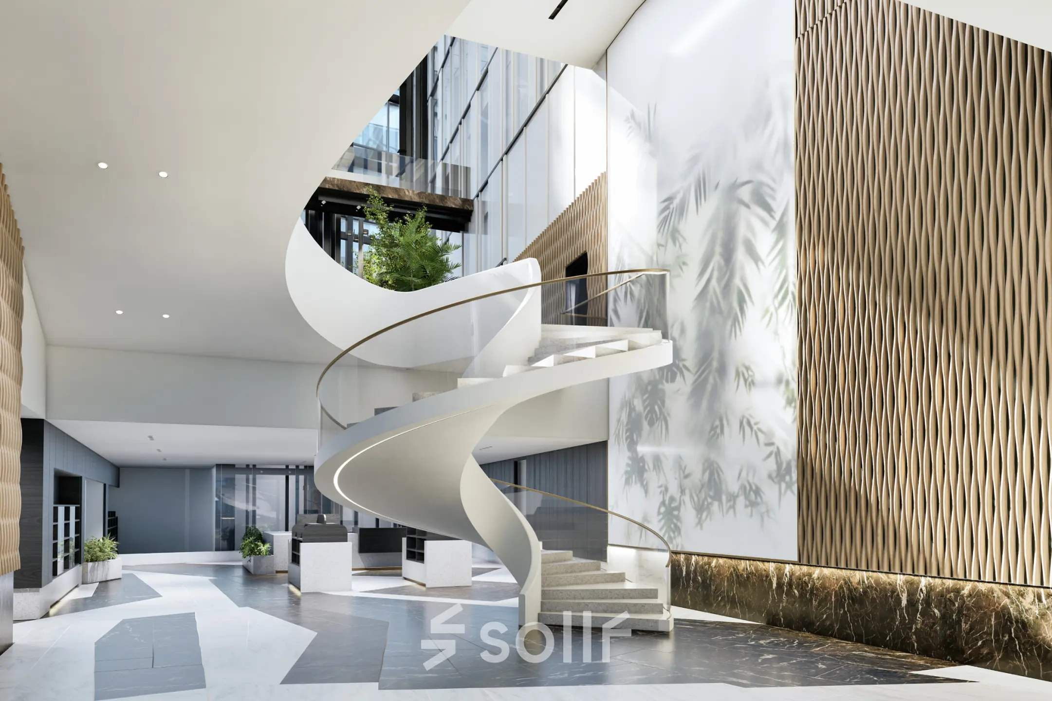 Helder verlichte entree van het kantoorpand met een stijlvolle, moderne draaitrap op Claude Debussylaan 80-134, Amsterdam Zuidas, perfect voor bedrijven die kantoorruimte willen huren.