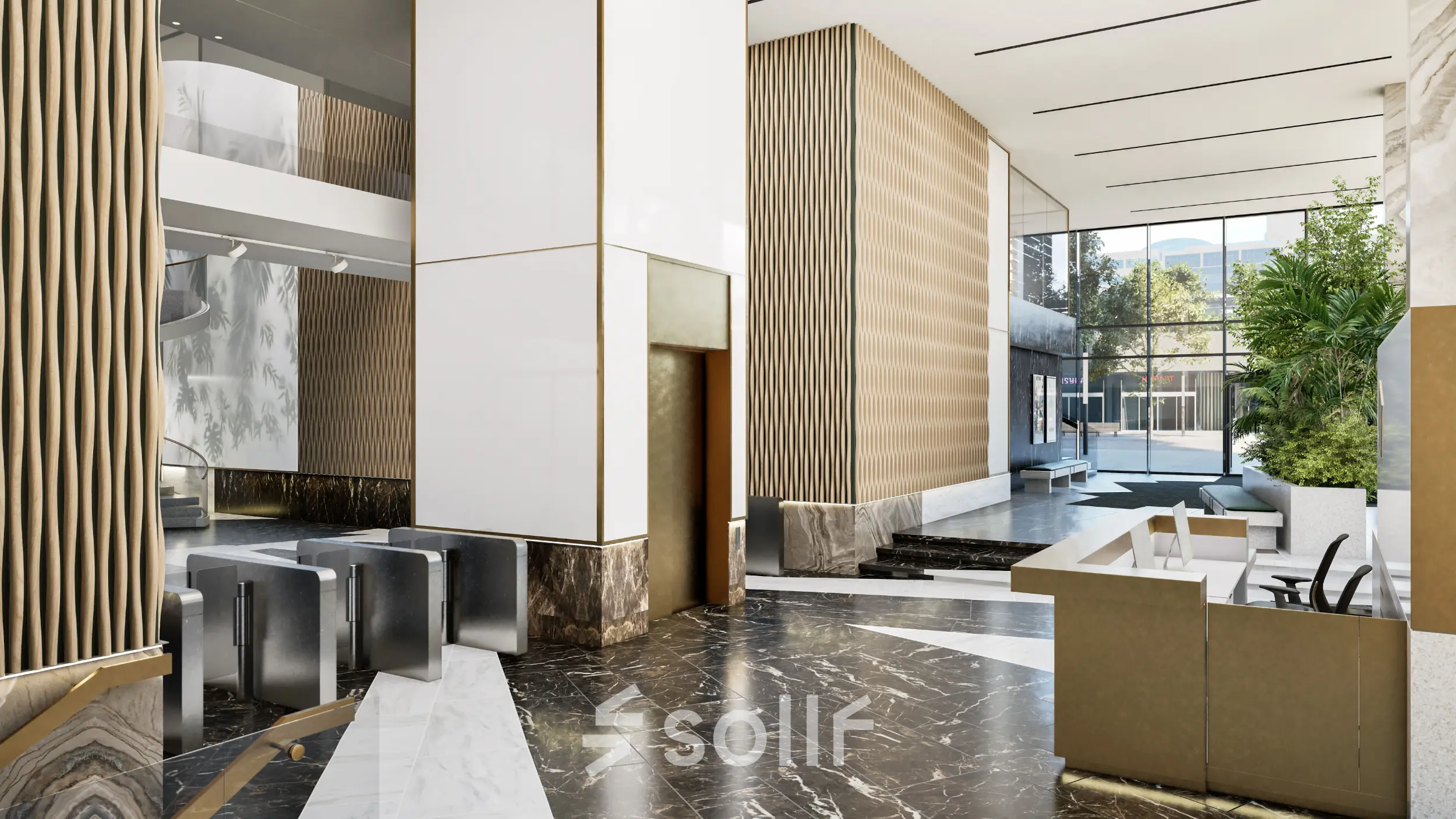 Moderne kantoorruimte met een stijlvolle lobby op Claude Debussylaan 80-134 in Amsterdam Zuidas, ideaal om een kantoor te huren. Het kantoorpand heeft een elegante receptie en hedendaags design.