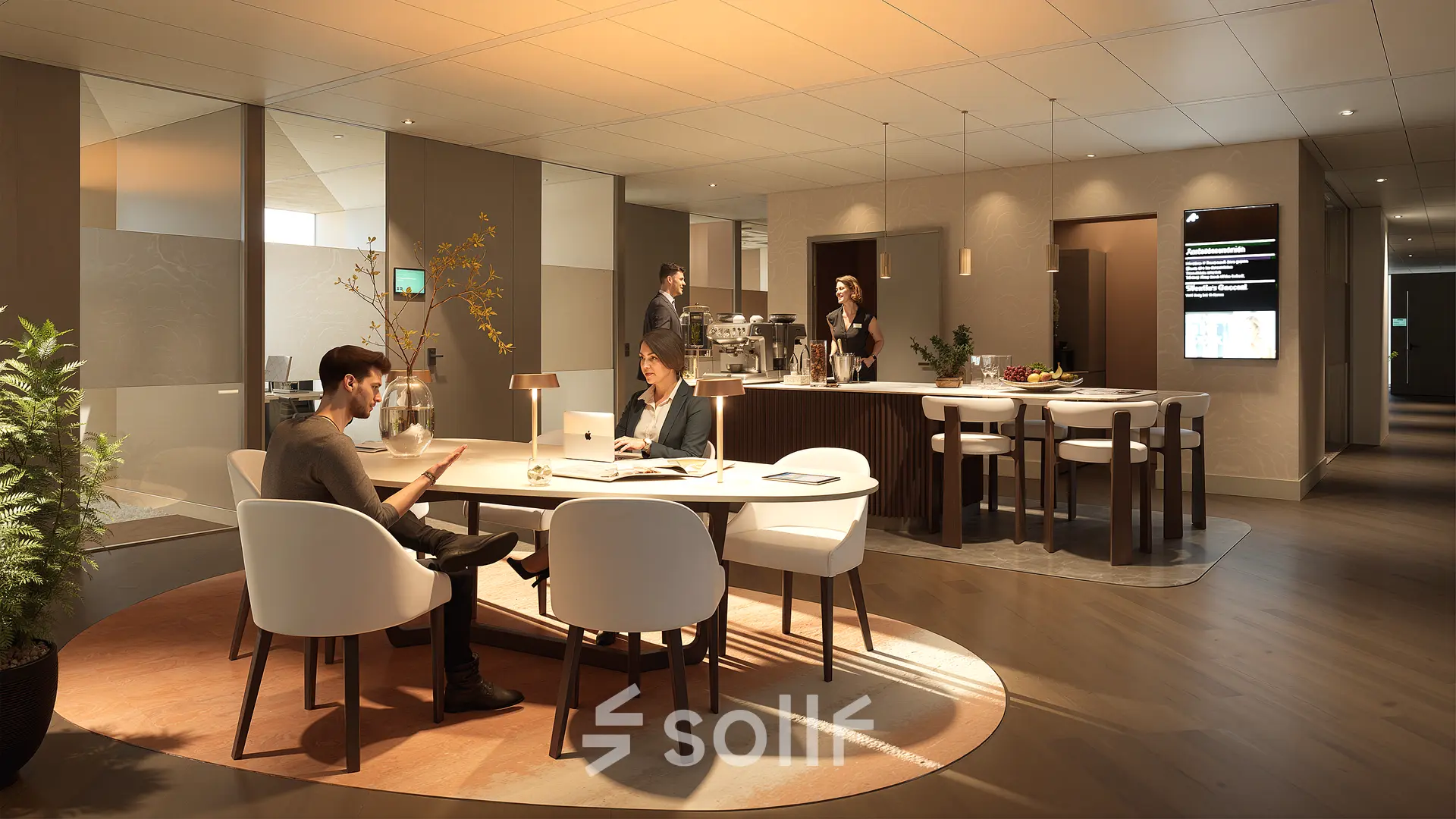 Moderne kantoorruimte huren op Claude Debussylaan 80-134 in Amsterdam Zuidas, met stijlvolle gemeubileerde werkplekken waar professionals zakelijke overleggen voeren.