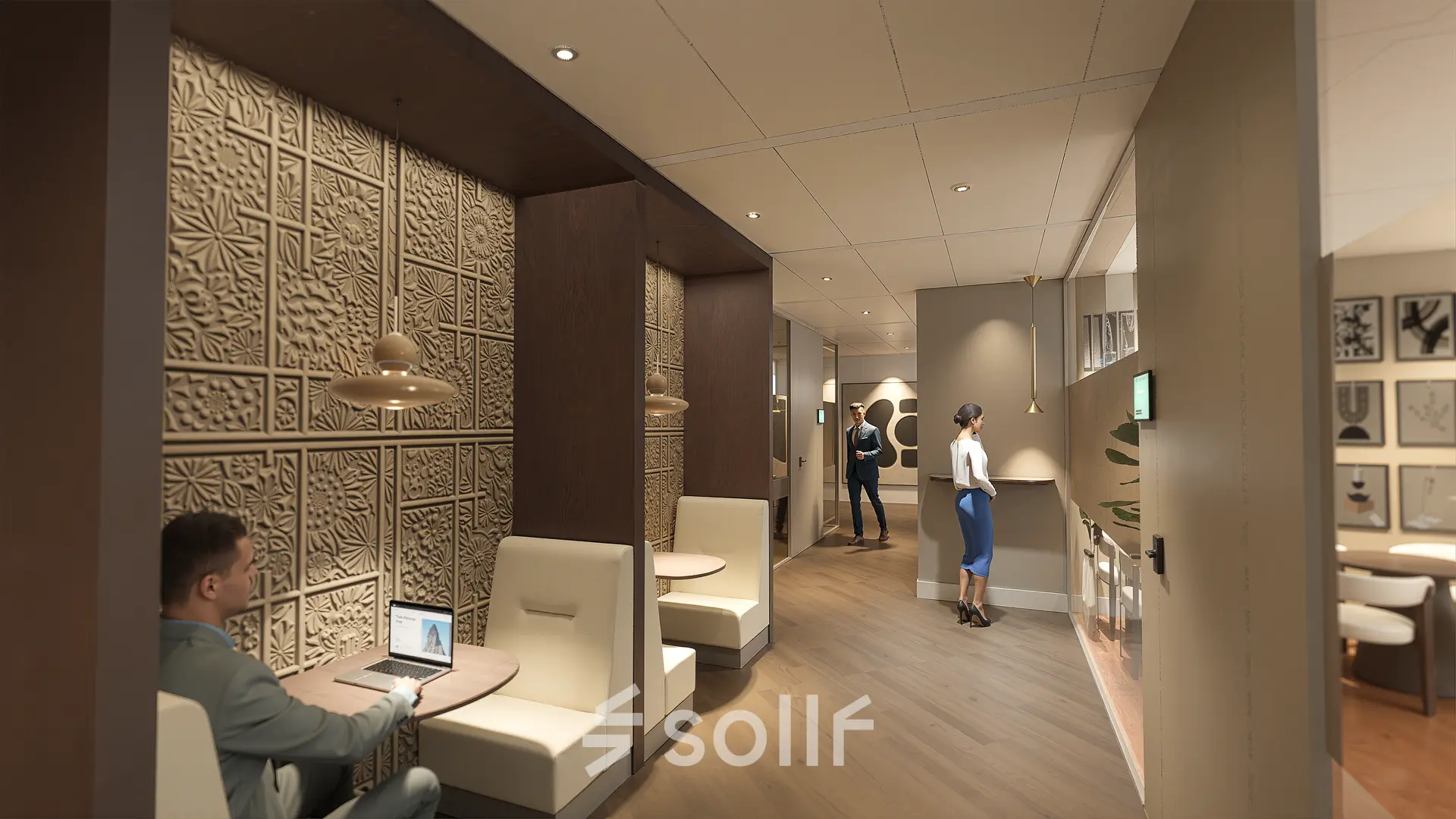 Moderne werkruimte in Amsterdam Zuidas met weinig licht, stijlvolle houten panelen en ingebouwde zitplekken. Meerdere mensen zijn bezig met zakelijke activiteiten, zoals werken op laptops en overleg.