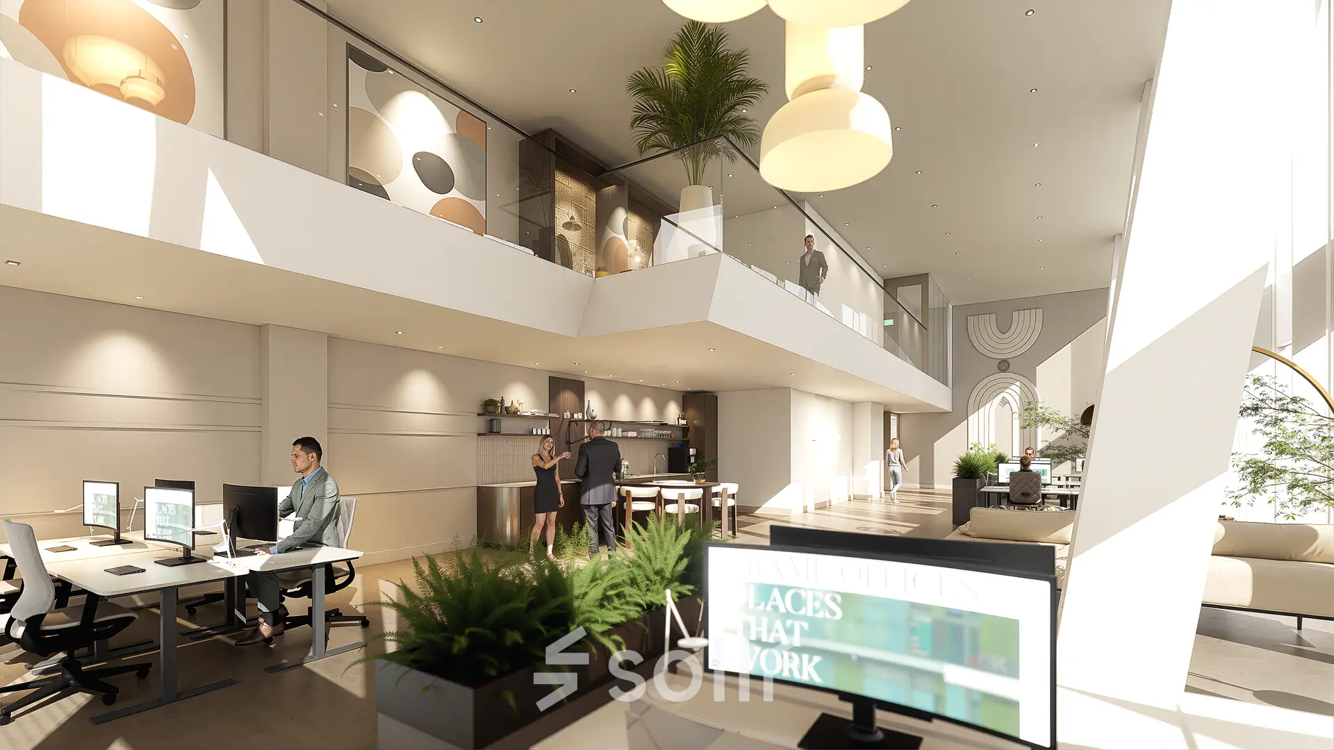 Moderne kantoorruimte te huur op de Claude Debussylaan 80-134 in Amsterdam Zuidas, met een licht interieur en stijlvolle werkplekken. Personen voeren zakelijke activiteiten uit.