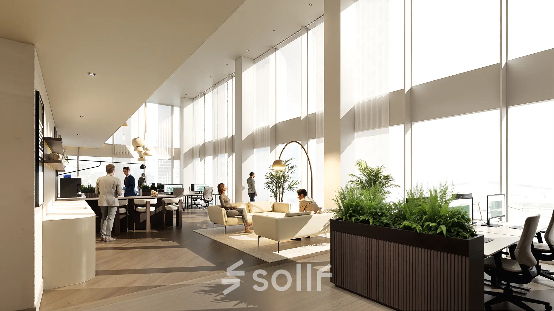 Moderne kantoorruimte in Amsterdam Zuidas met grote ramen, stijlvolle meubels en mensen in gesprek. Ideaal om te huren met veel licht en groen. Gelegen op Claude Debussylaan 80-134.