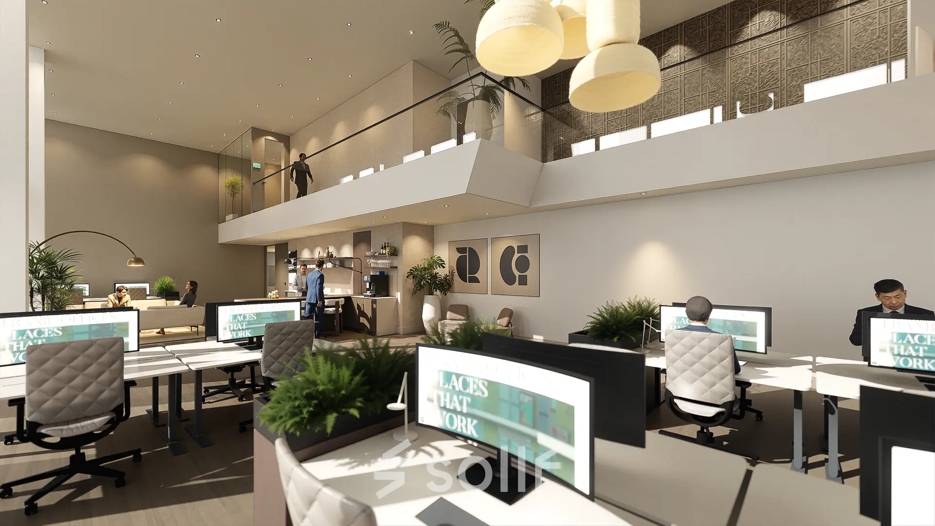 Licht en ruim opgezet kantoor in Amsterdam Zuidas op Claude Debussylaan 80-134, met moderne werkplekken en kleurrijke details. Personen voeren zakelijke activiteiten uit zoals werken aan bureaus.